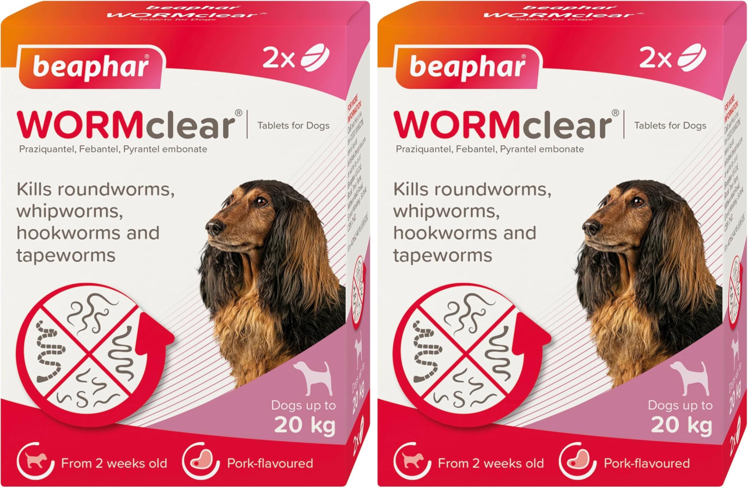 Beaphar WORMclear Tablets for Dogs, Kills all Common UK Intestinal Worms (Roundworms and Tapeworms), Vet Strength Treatment, Pork-Flavoured, 2 Tablets, Up to 20 kg (Pack of 2)