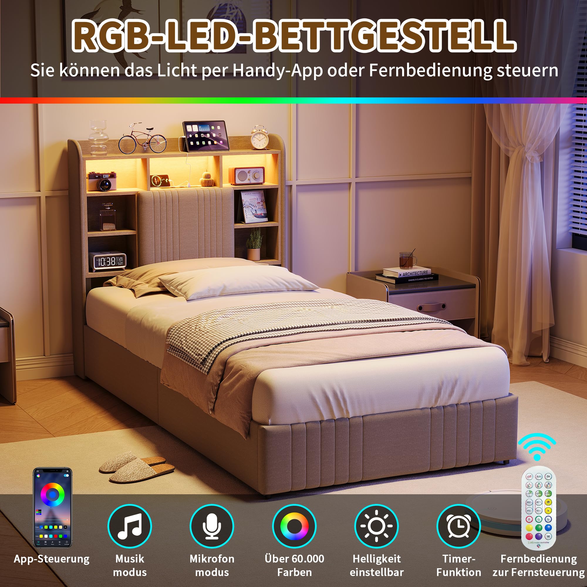 Letto singolo imbottito, 90 x 200 cm, con LED e vano portaoggetti, letto per ragazzi 90 x 200 cm, con illuminazione a LED e stazione di ricarica USB e tipo C, struttura imbottita con 2 cassetti