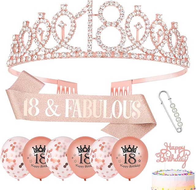 Popuppe 18th Birthday Sash and Tiara Rose Gold 18 & Fabulous Sash Rhinestone Crown Balloons Birthday Cake Topper for Girls Birthday Gift Party Decorations Supplies (Rose Gold)