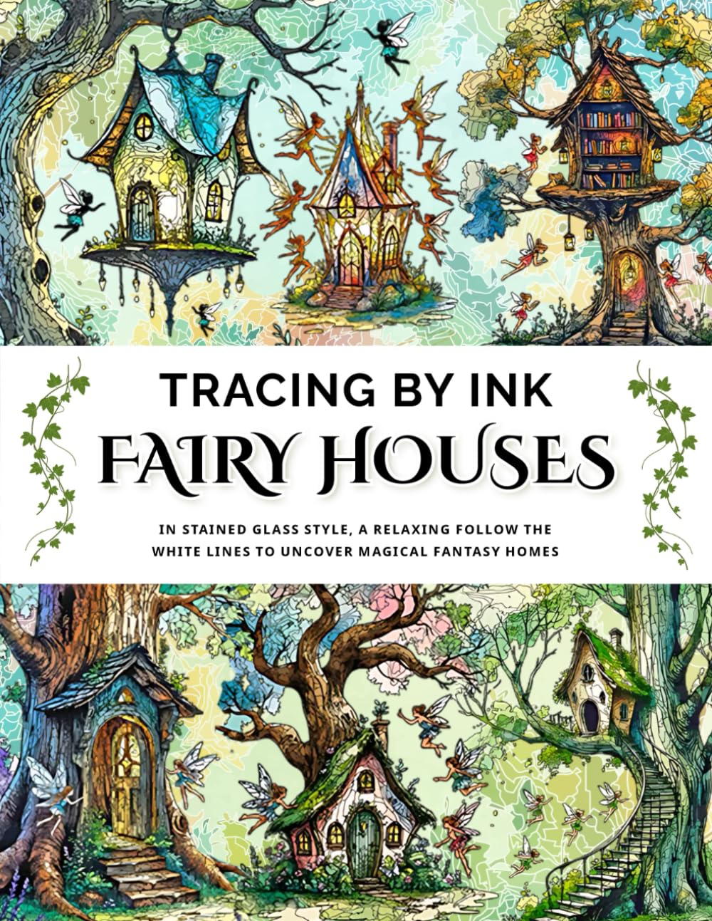 Tracing by Ink Fairy Houses in Stained Glass Effect, Fantasy Style: Follow the white lines to uncover magical homes a new twist on the Reverse