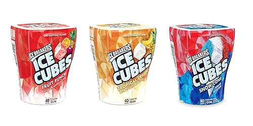 Ice Breakers Ice Cubes - Goma de mascar sin azúcar, edición limitada (1) cono de nieve, (1) ponche de frutas, (1) congelación tropical, 3.24 onzas,
