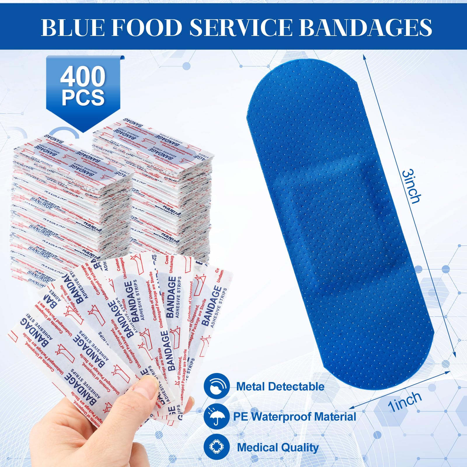 Geiserailie Bende blu 3'' x 1'' per servizio alimentare, bende adesive impermeabili in PE rilevabili in metallo, lavorazione sterile sfusa, tampone antiaderente senza lattice pa