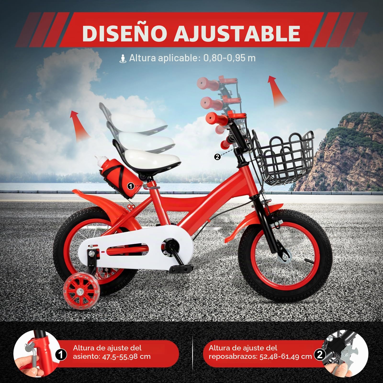 Bicicleta de entrenamiento infantil de 12 pulgadas con ruedas de apoyo para niñas y niños de 2 a 4 años, color rojo