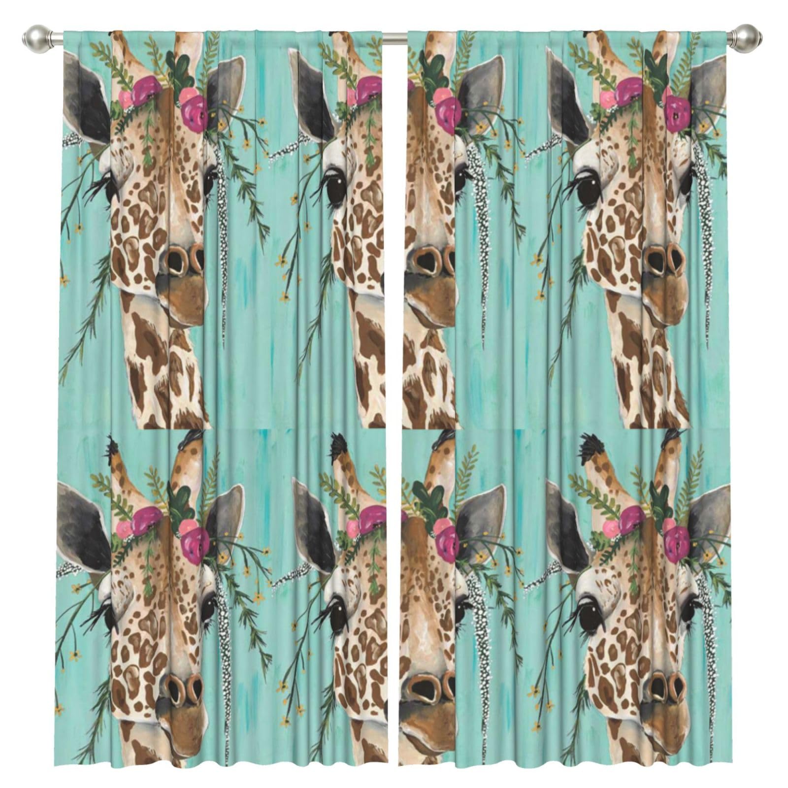 InOmak Giraffe With Floral, 2 Panels Window Curtains 52 x 84 Inch Blackout Curtains for Living Room Bedroom