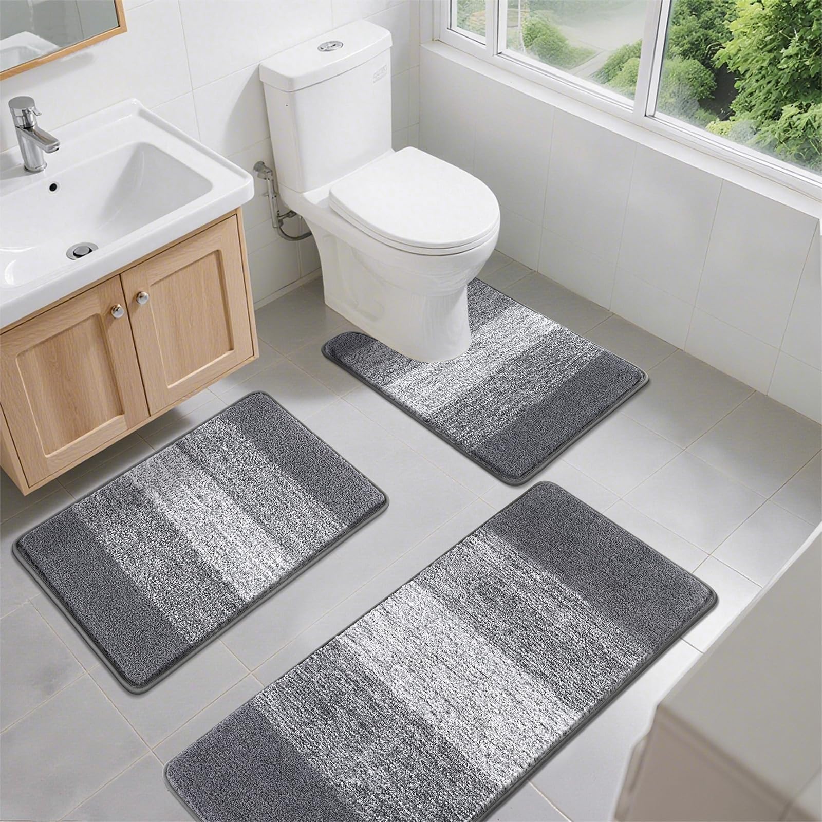 Enyhom Set di 3 Tappeto Bagno in Microfibra, Morbido Tappeto Doccia Super Assorbente, Tappetino Bagno Antiscivolo, Lavabile in Lavatrice, Tappetino Doccia e Tappetini a Forma di U per Piedistallo Wc