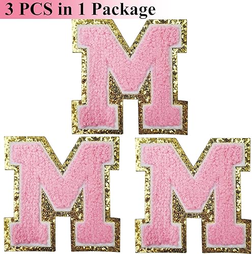 Miniatura 2 de Zogify Parches de letras para planchar con purpurina dorada y felpilla rosa, 3 piezas de parches de iniciales universitarias, parche con adhesivo