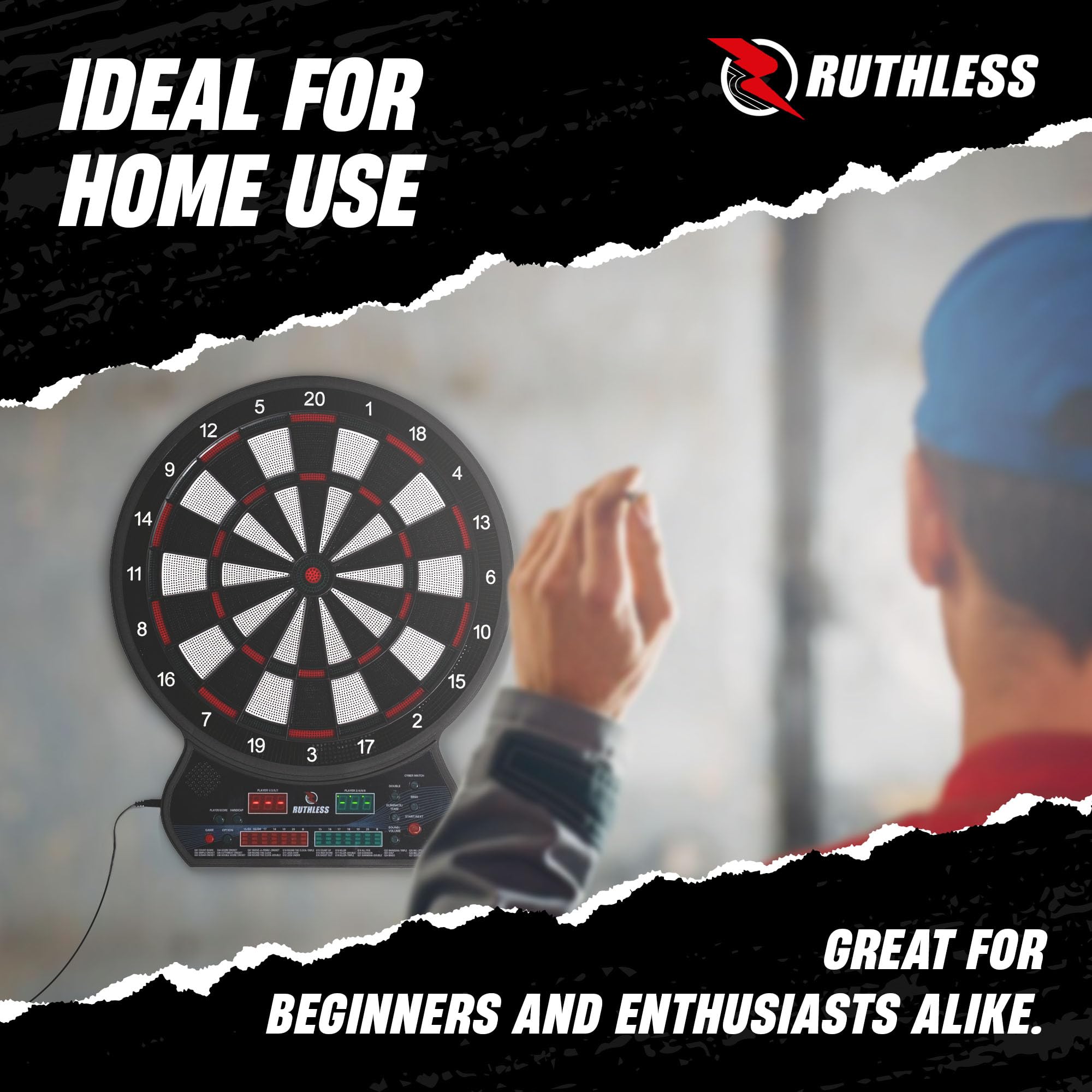 Ruthless R600 Cible de fléchettes électronique Pointe souple 4 jeux 8 joueurs 27 jeux