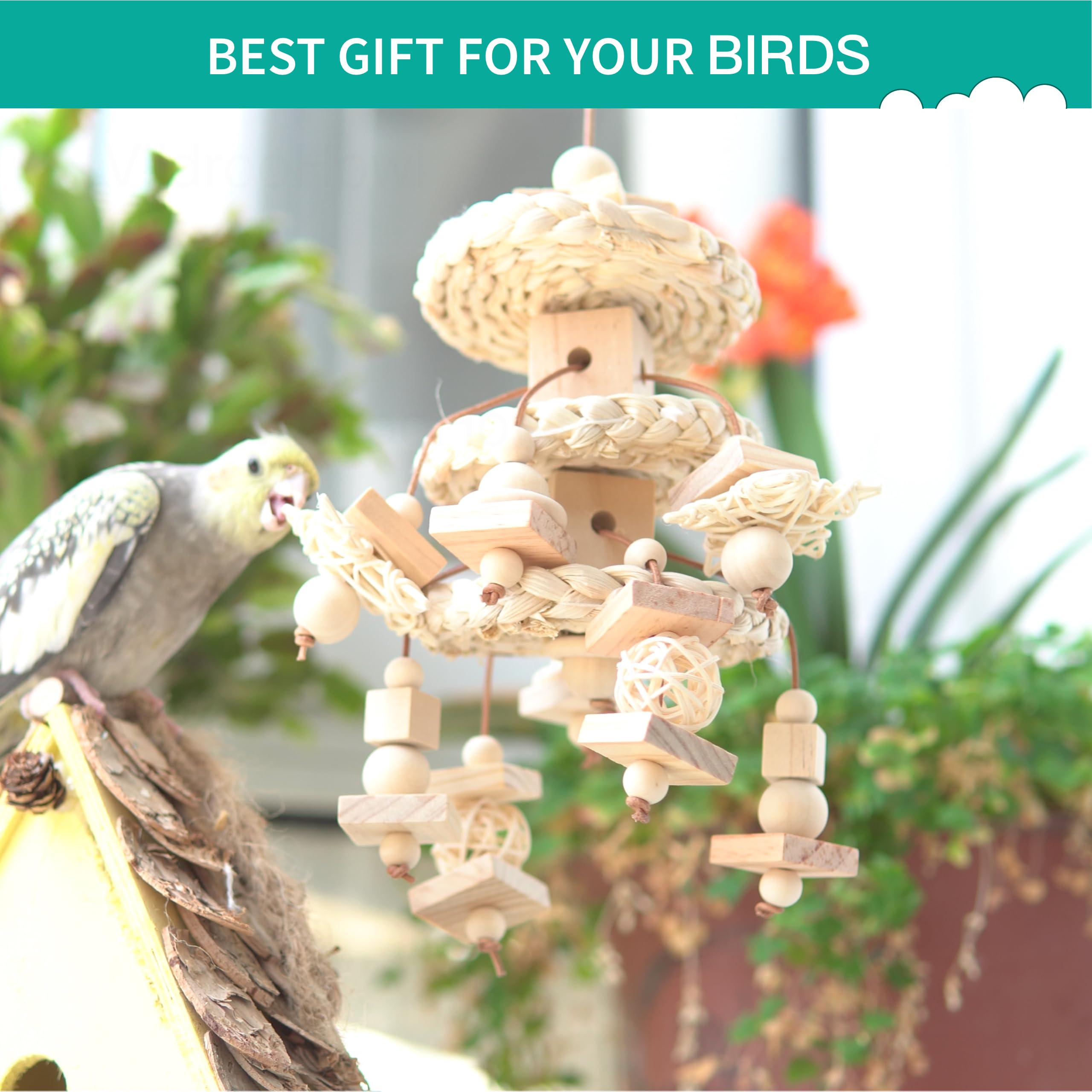 Natural Bird Toys for Quaker Parrot, Lovebird, Parakeet, Cockatiel & Conure – for Chewing, Shredding & Foraging, Corn Husk, Wood & Vine with Leather Cord for Small & Medium Birds - image 6