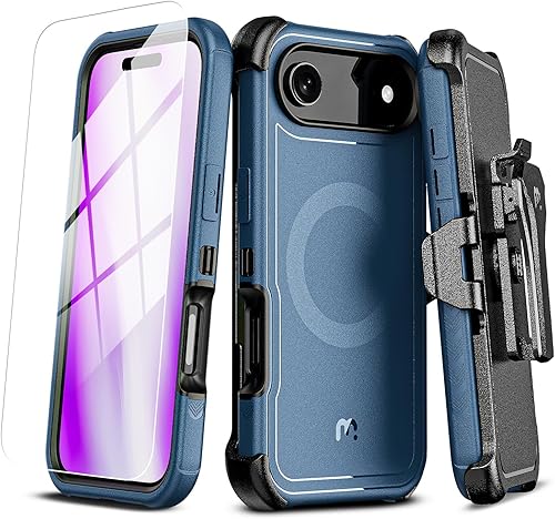 M MYBAT PRO Funda para iPhone Air con funda de clip para cinturón, compatible con Magsafe con protector de pantalla, anticaídas, a prueba de golpes,