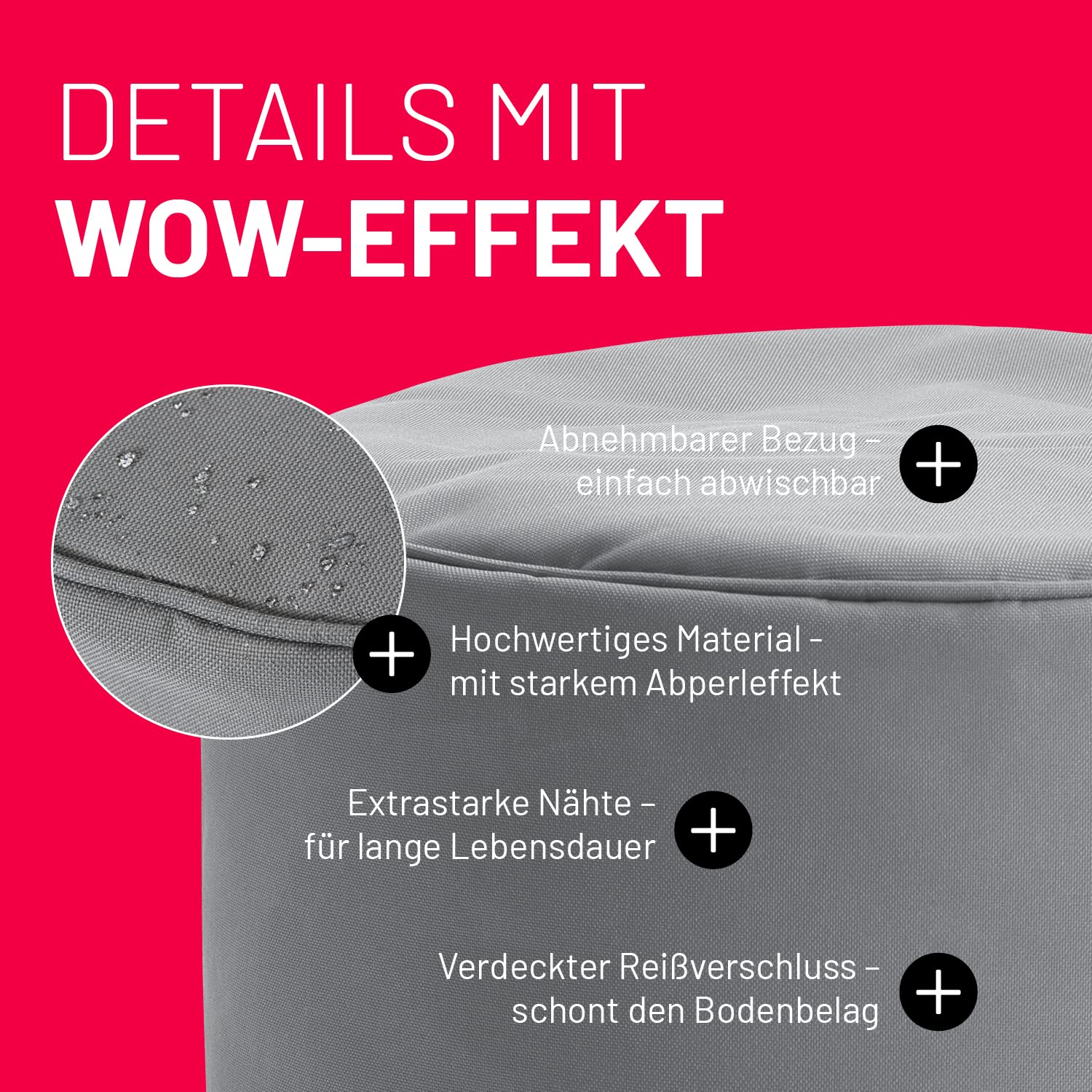Lumaland Sitzsack Pouf (50 L) | Kompakter Sitzsack mit 3-in-1-Funktion: bequemer Hocker, praktisches Tischchen & stylischer Fußschemel für in- & Outdoor I Mit Flexibler EPS-Füllung | Ø 25 x 45 cm