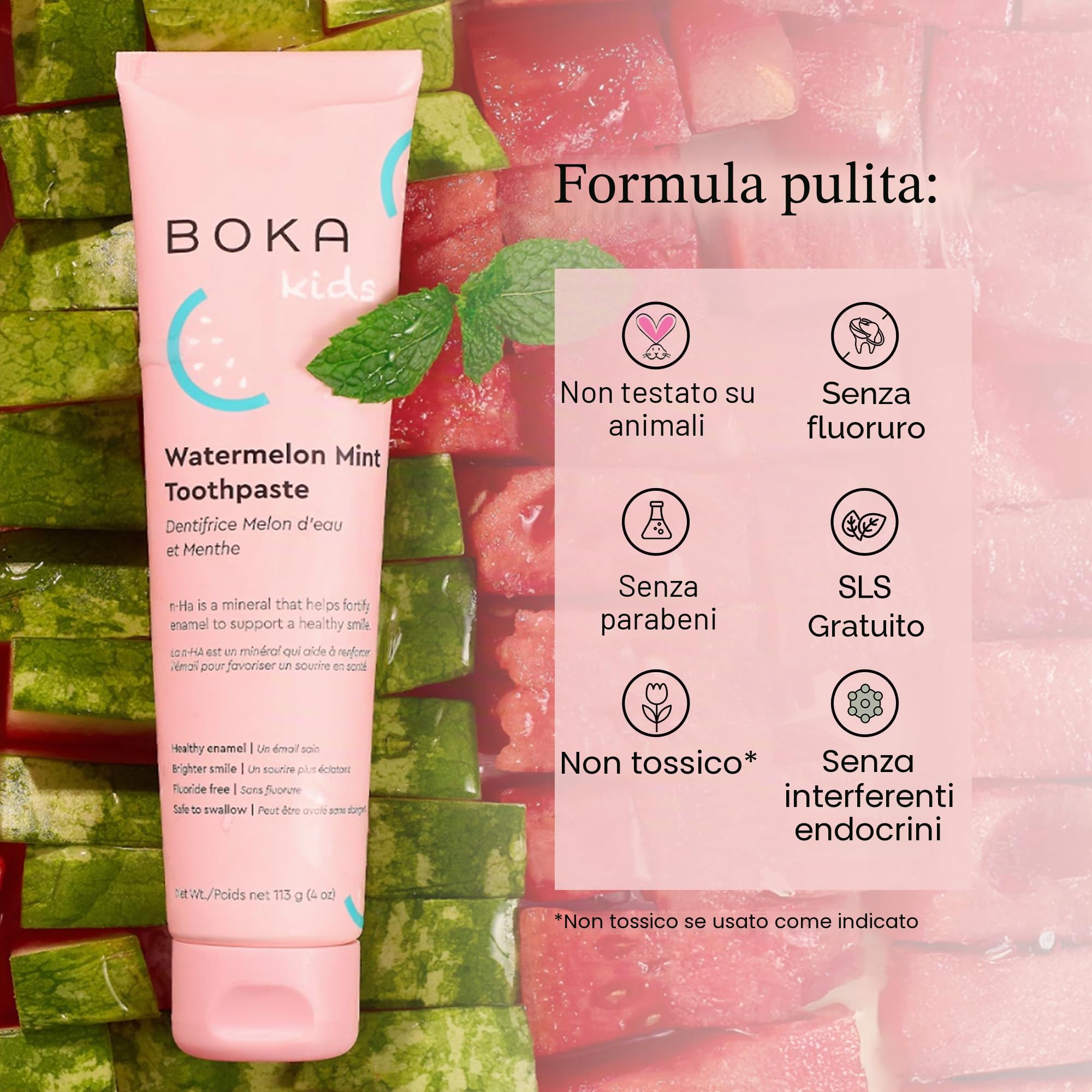 Boka Dentifricio nano idrossiapatite senza fluoro, aiuta a rimineralizzare, adatto per denti sensibili, sbiancamento - per adulti, bambini igiene orale - sapore di menta e anguria, 120 ml, 1