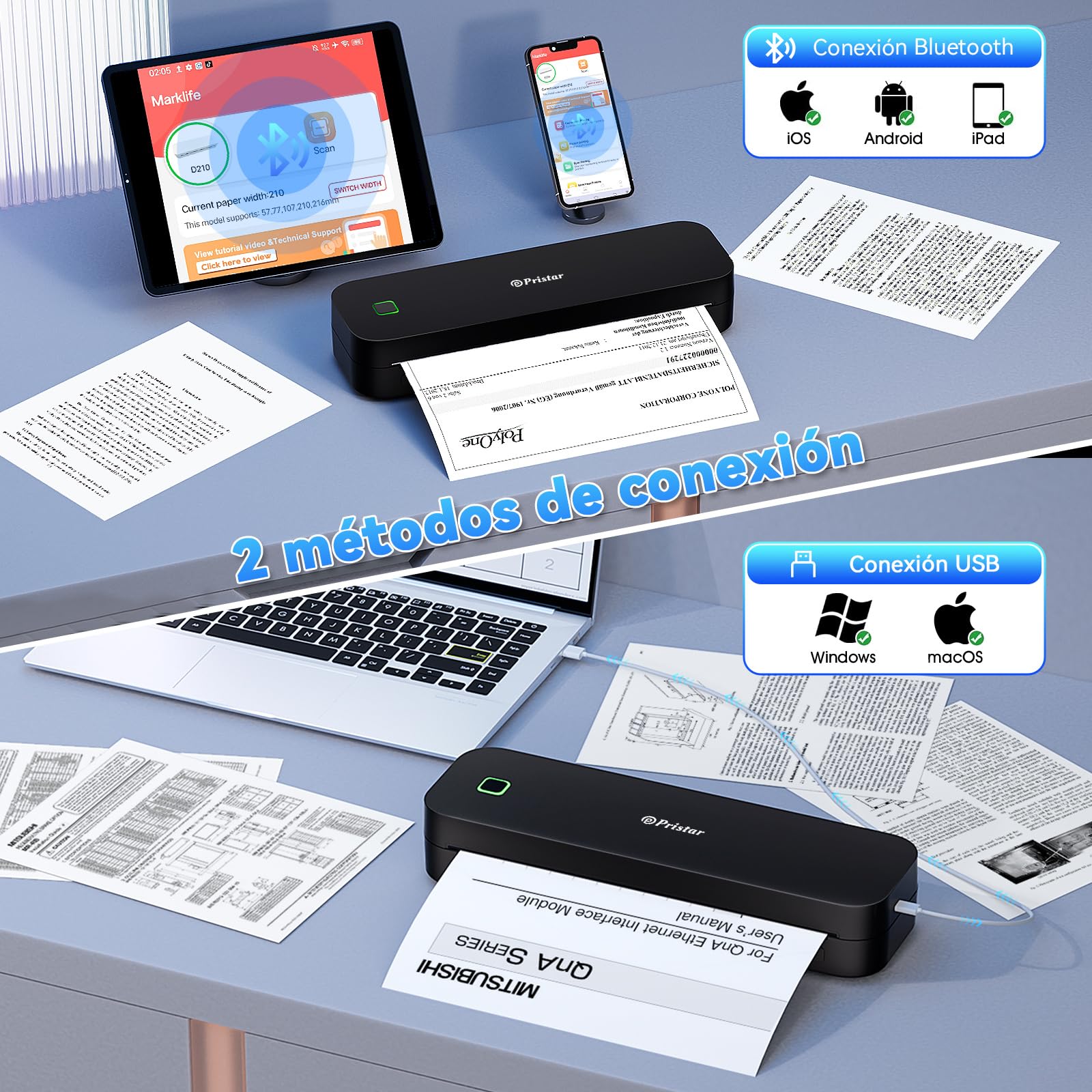 Pristar D210 Impresora Termica A4, Impresora Portatil Inalambrica para Viajes, Oficina y Hogar, Termocopiadora Tattoo Compatible con Teléfonos Inteligentes iOS/Android y Computadoras Portátiles, Negro