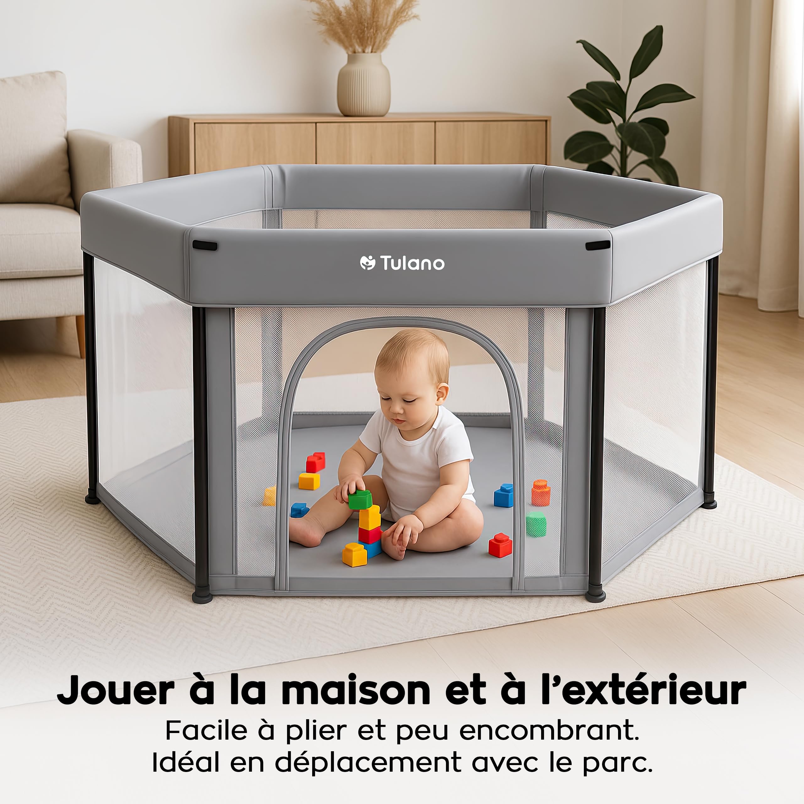 Tulano Cozy 30, parc bebe pliable, structure métallique stable, Gris | parc enfant pour usage intérieur et extérieur, parois en maille, entrée zippée, Sac de Transport, 120x120-6 à 36 mois