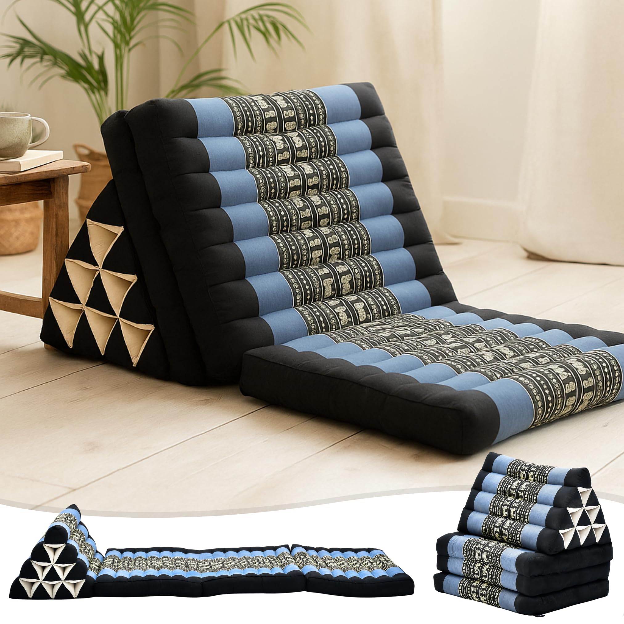 Leewadee - Comfortable Japanese Floor Mattress - Thai Floor Bed with Triangle Cushion - Futon Mattress - Thai Massage Mat, 67 x 21 inches, Blue, Kapok