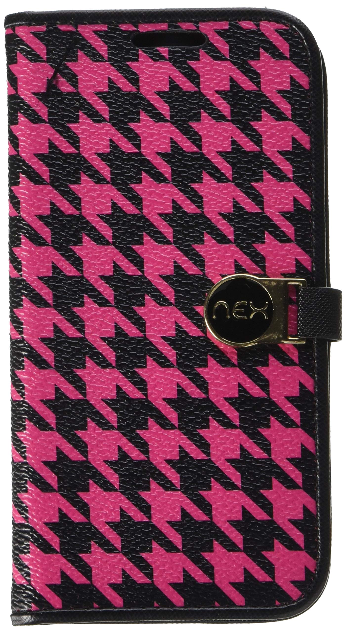 Cell-Pak Samsung Galaxy S6 Edge French Stylish Wallet Case - Retail Packaging - Houndstooth with Rose Red Trim