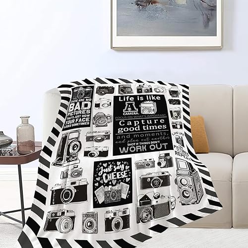 Miniatura 2 de Yibuda Manta retro para cámara, fotografía, manta de franela de felpa, acogedora manta de forro polar negro y blanco, regalos para enamorados,