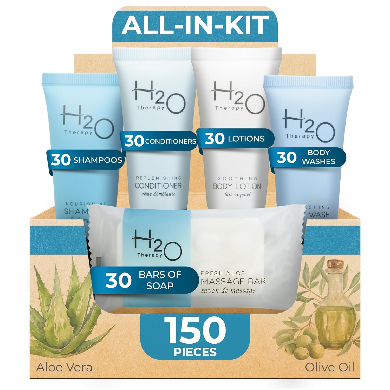 H2O Therapy Hotel Soaps & Toiletries Bulk Set | 1-Shoppe Amenities Kit | 0.85oz Shampoo & Conditioner, Body Wash, Lotion, 1oz Bar Soap | Travel Size | 150 Pieces | Bulk Set, Travel Size