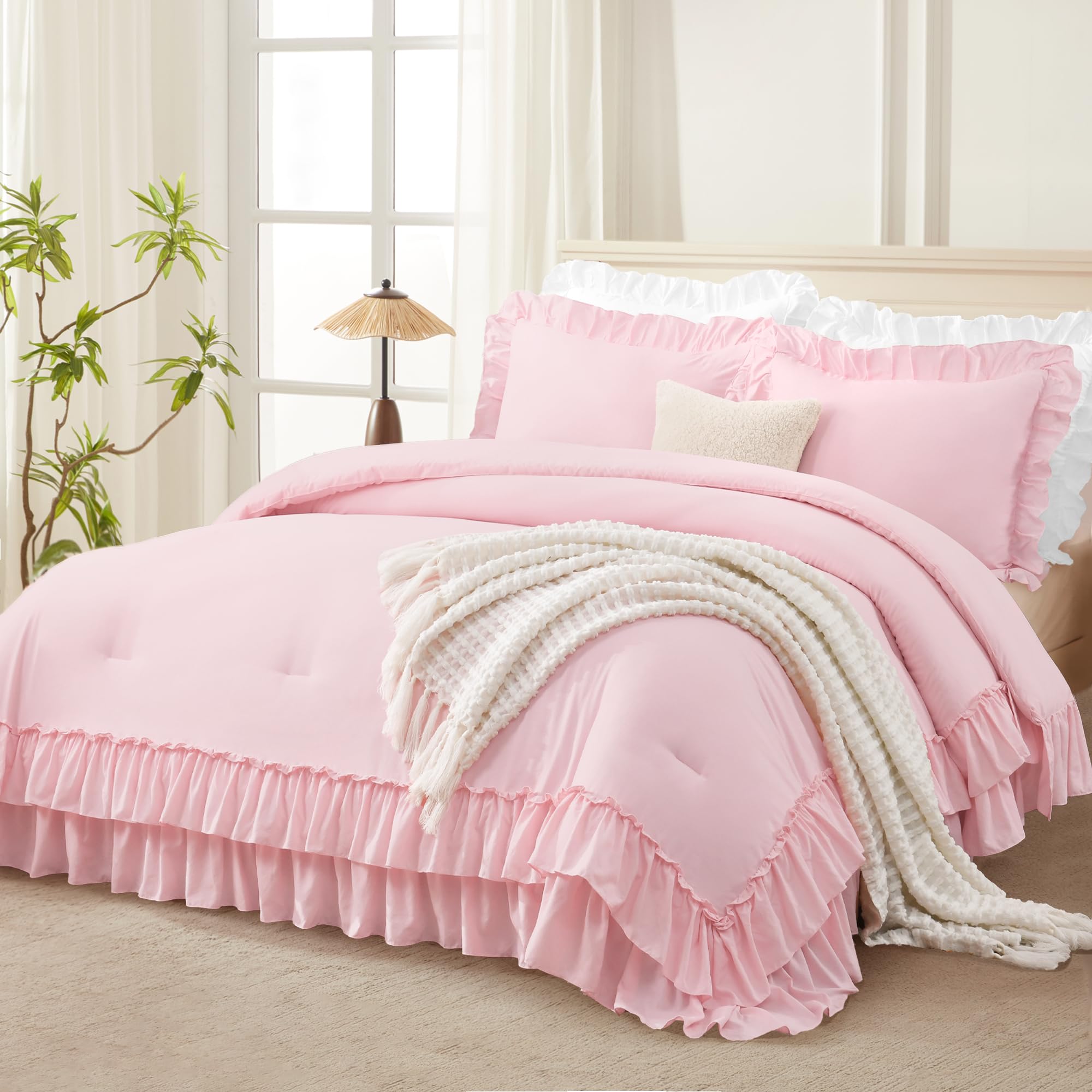Andency Pink Ruffle Comforter Full Set, 3pcs Vintage Farmhouse Shabby Chic Bedding Comforter Set, Soft Lightweight Fluffy Bed Comforter Sets All
