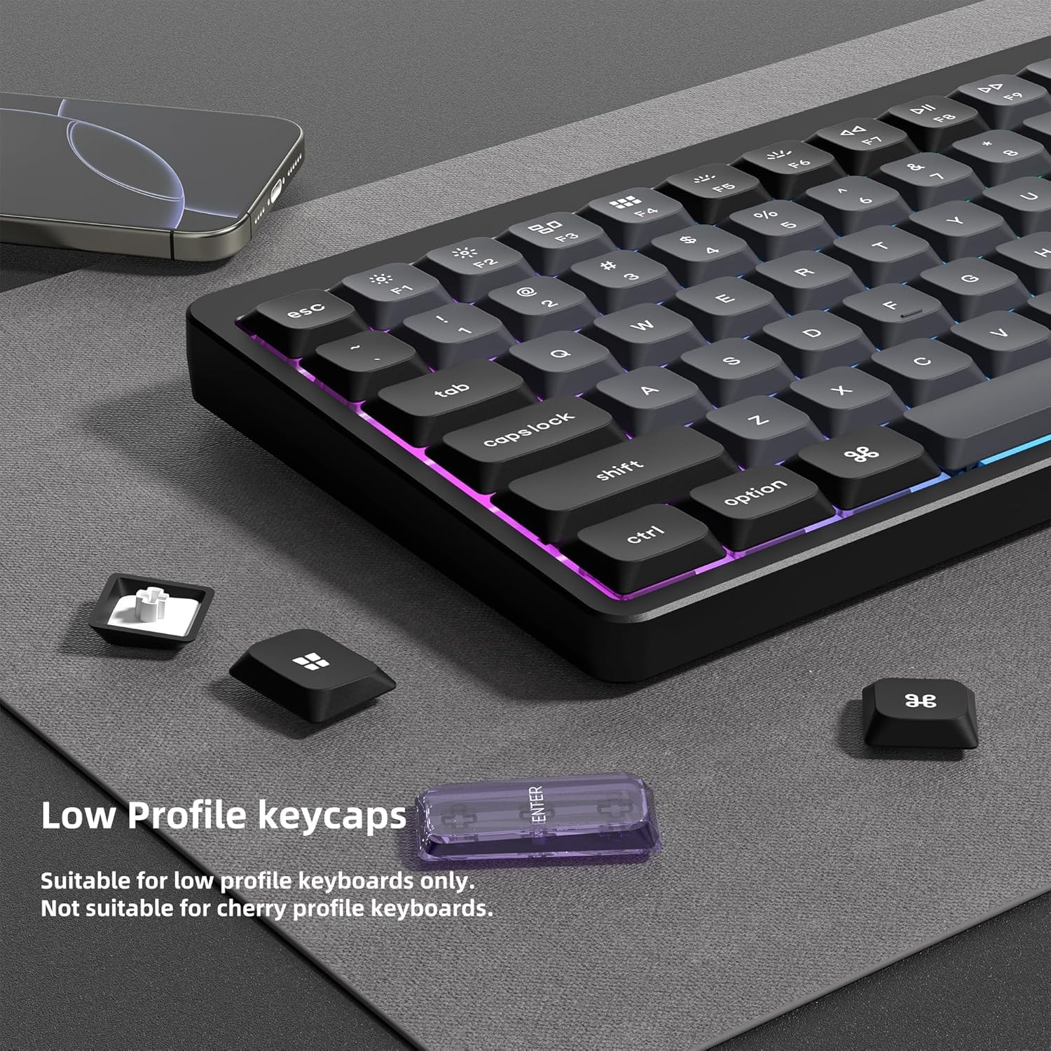 Low Profile Keycaps, Double Shot PBT Touches 60 75 100%, PC Transparent Gris foncé/Violet pour la Plupart des commutateurs MX Clavier mécanique (Touches Uniquement)