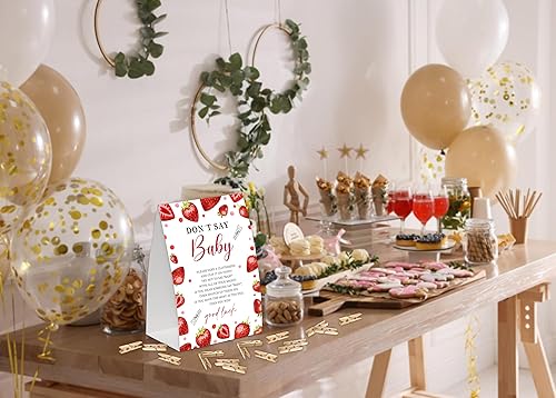 Miniatura 4 de Juego de bebé de fresa con texto en inglés "Don't Say Baby Show", paquete de un letrero de 5 x 7 pulgadas y 50 mini pinzas naturales para la ropa,