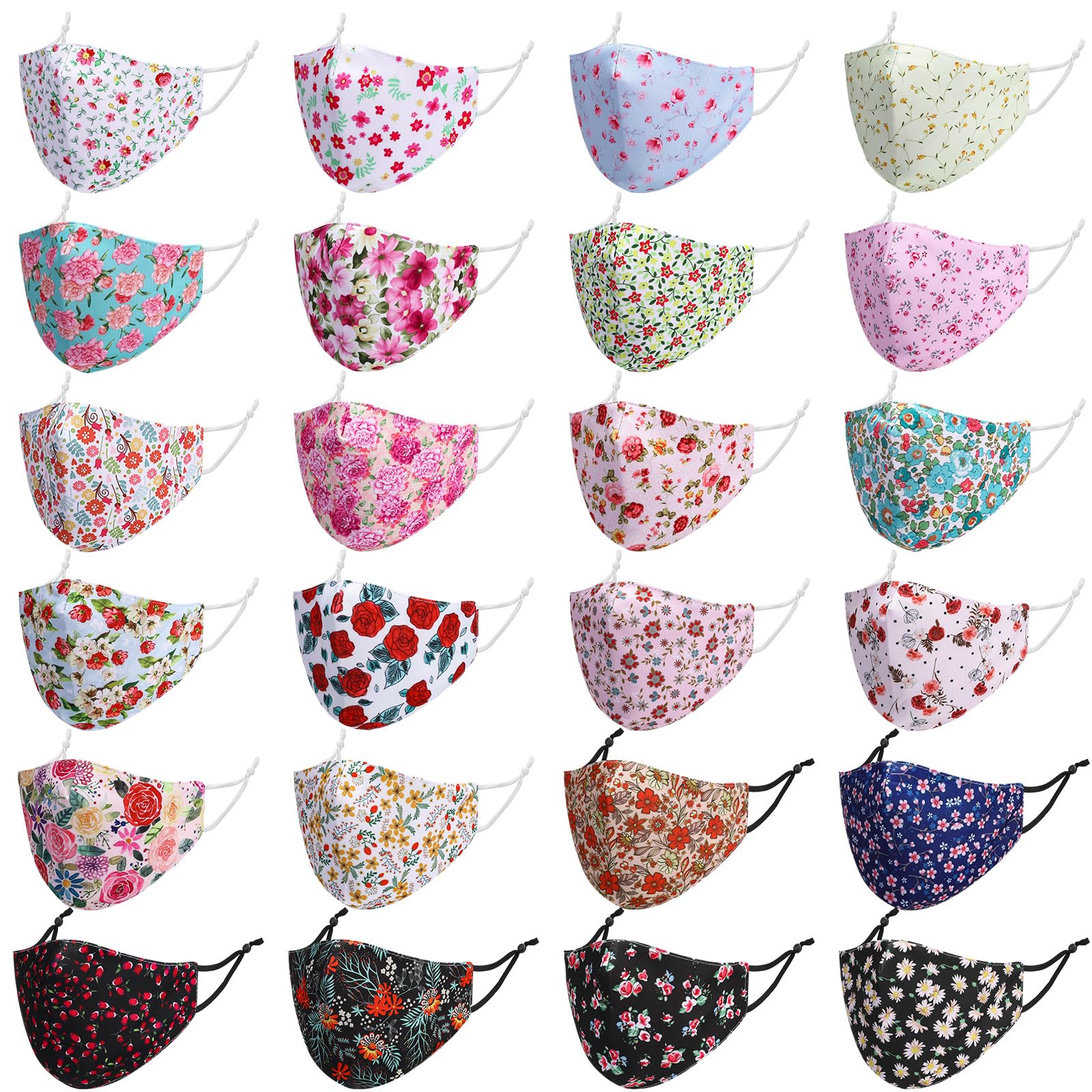 Eurzom 24 Pcs Adult Washable Cloth Face Mask Adjustable Ear Loop 3 Layer Cotton Cloth Mask