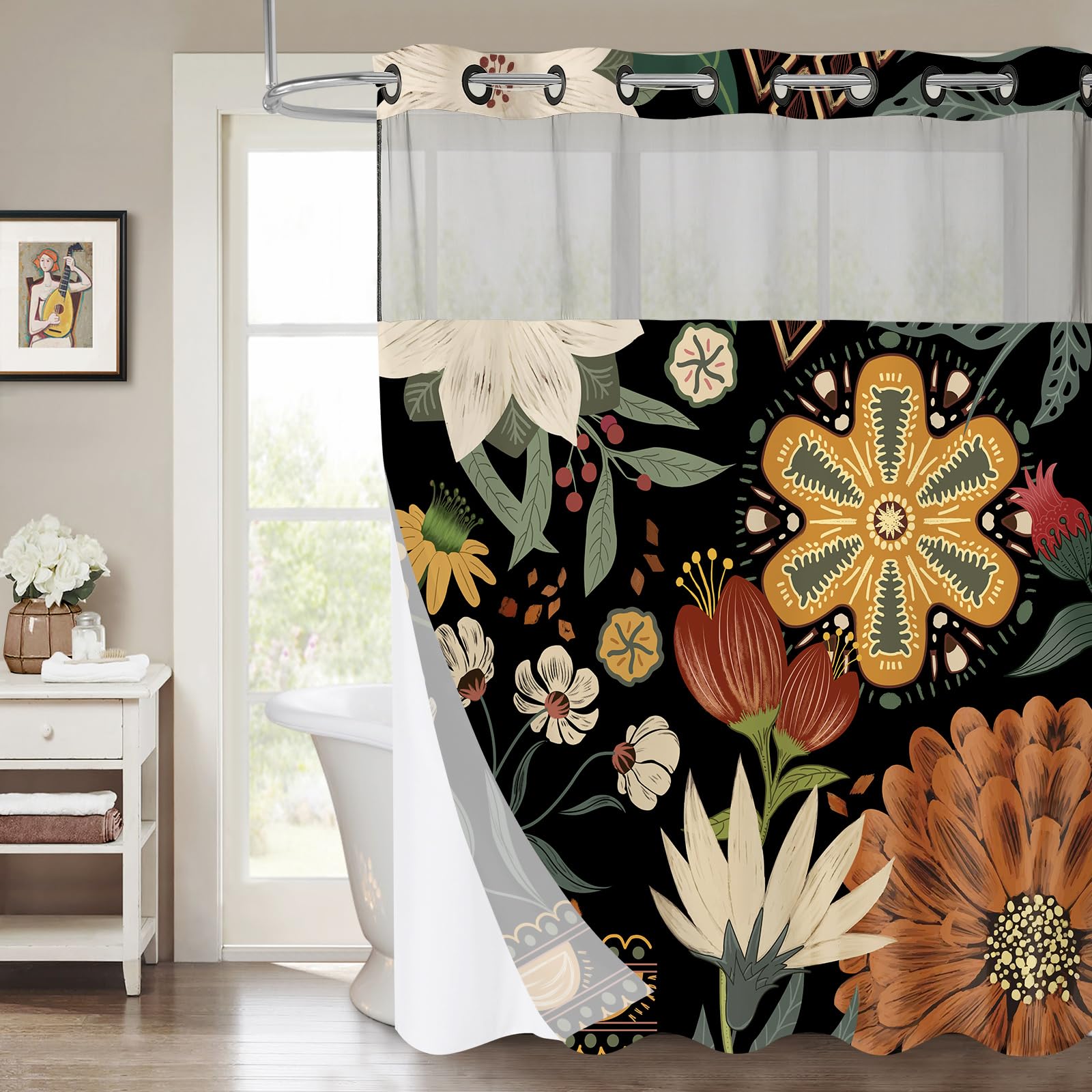 MitoVilla No Hooks Needed Boho Floral Shower Curtain Set with Snap-in Liner, Modern Abstract Heavy Duty Fabric Cloth Shower Curtain for Neutral Luxury Hotel Spa Bathroom Decor, 72 x 74