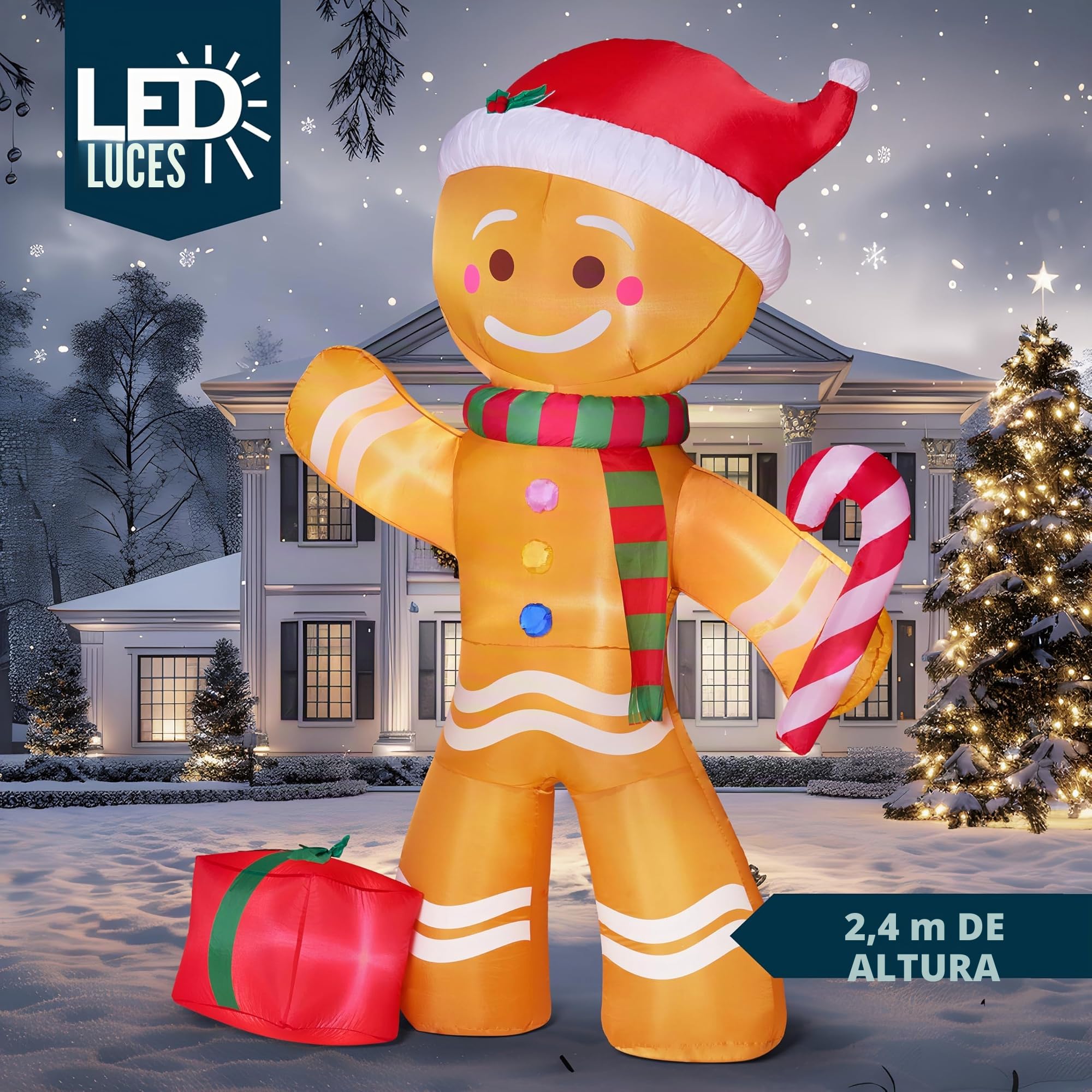 Joiedomi Inflables de Navidad de 8 pies de alto, hombre de jengibre con bastón de caramelo, decoración inflable de pan de jengibre de Navidad con LED integrados para Navidad, fiesta, al aire libre