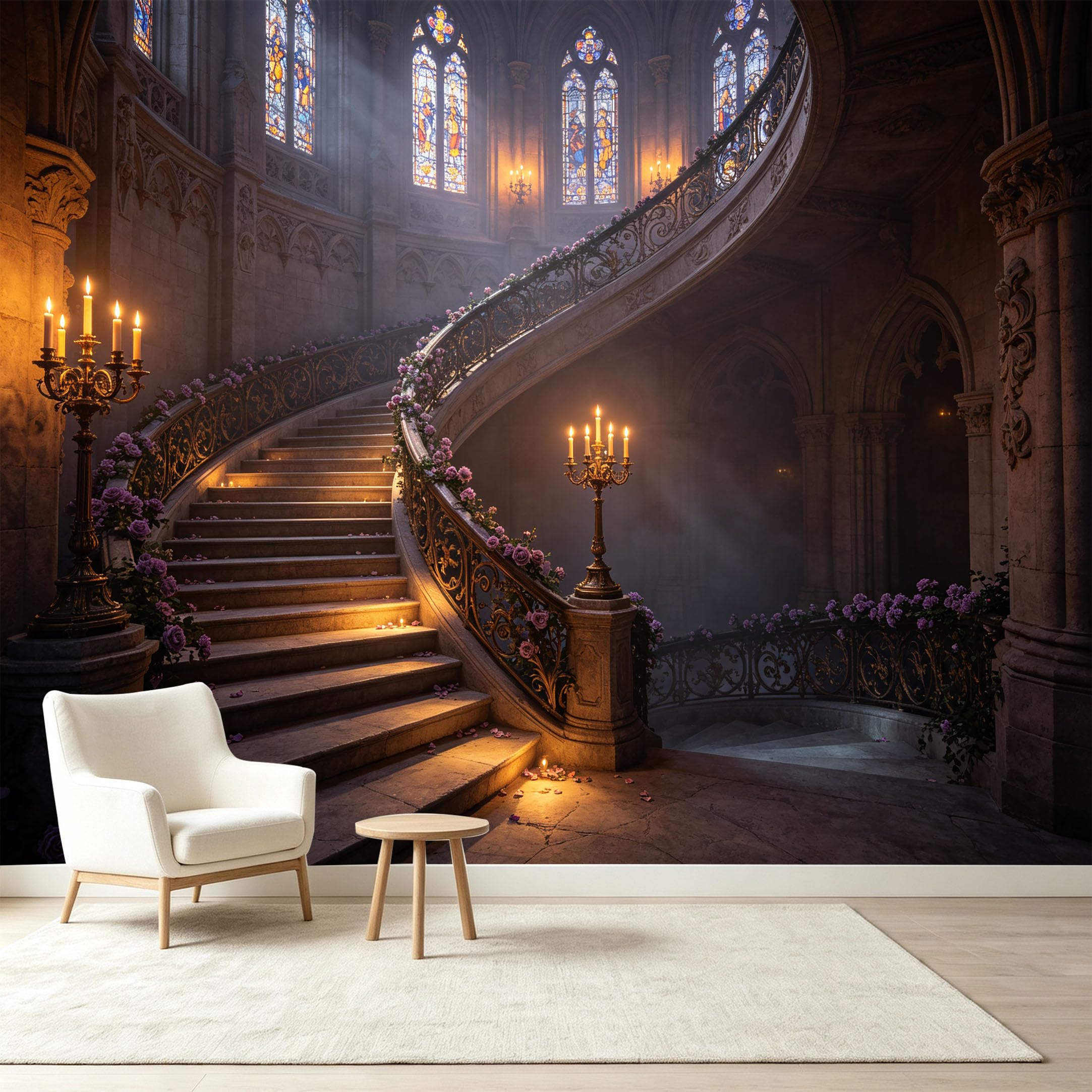 Custom Size Wall Murals Gothic Palace Staircase Floral Railing 3D Trompe L'Oeil Self-Adhesive Wall Fabric Removable Wallpaper Wall Decor for Living Room Bedroom Bathroom