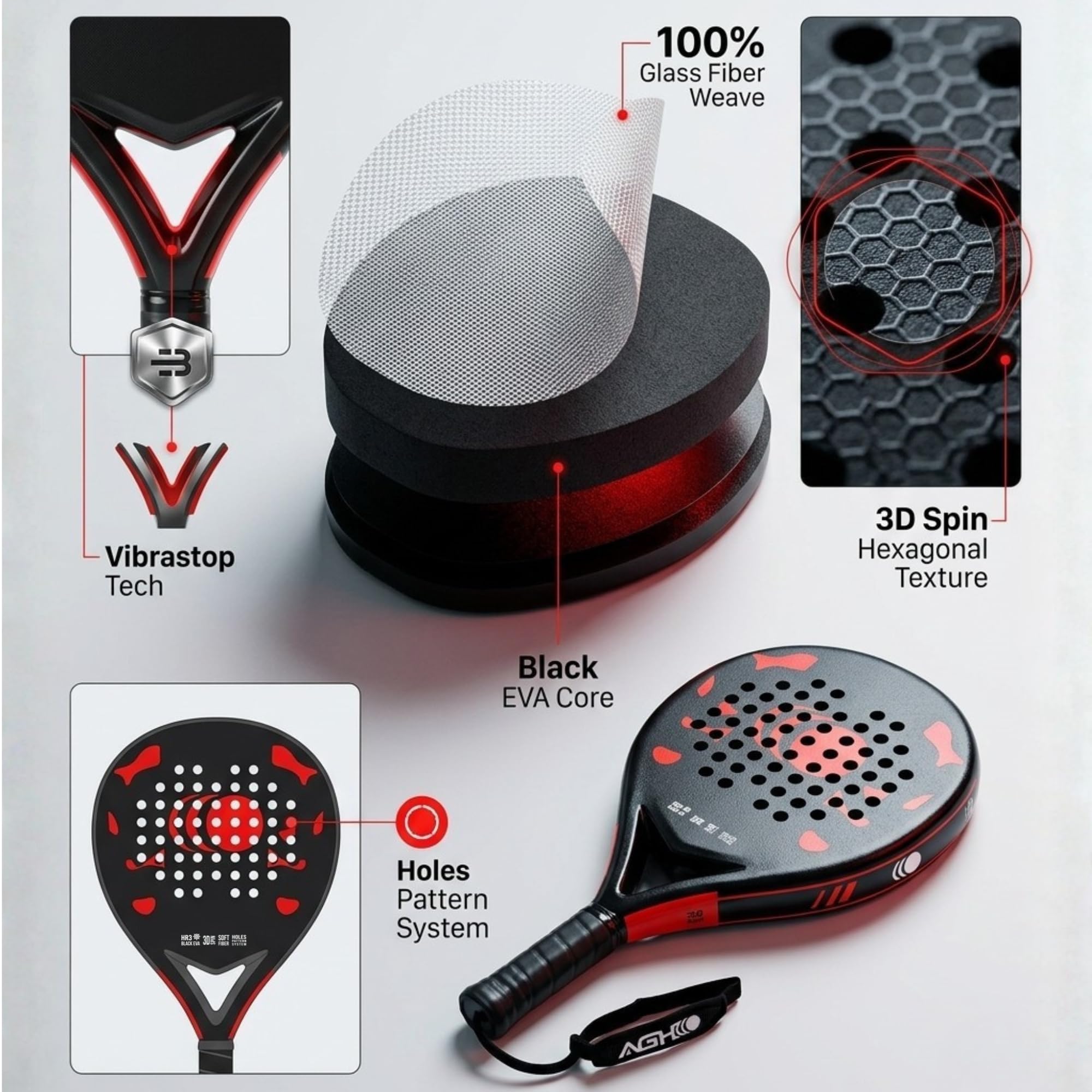 Racchetta da padel, telaio leggero in fibra di vetro e nucleo in EVA, racchetta da padel ad alta aderenza con borsa per il trasporto, per principianti e giocatori intermedi