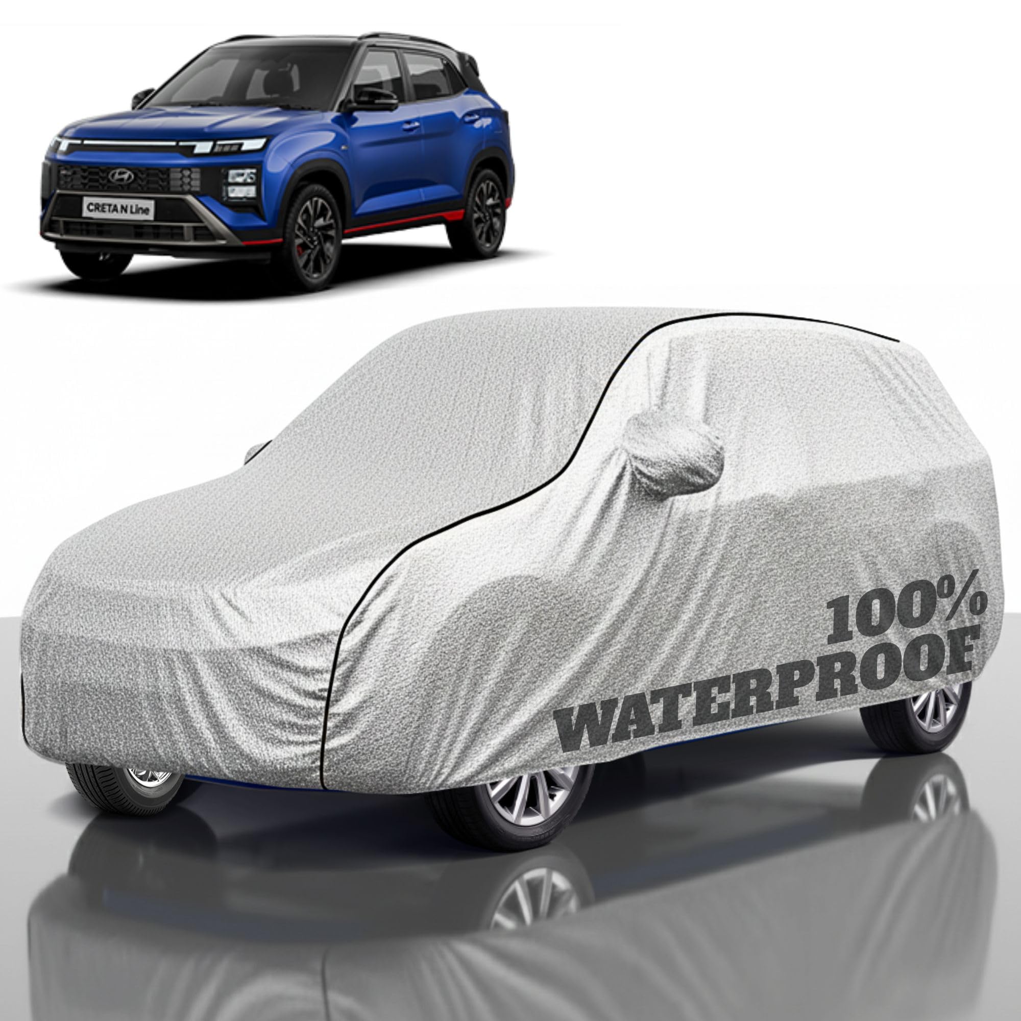 Premium Polyester Car Cover Creta All-Weather Protection from Rain, Dust &amp; Sun | UV Resistant Fabric | Full Body Secure Fit for Outdoor &amp; Indoor Parking Silver