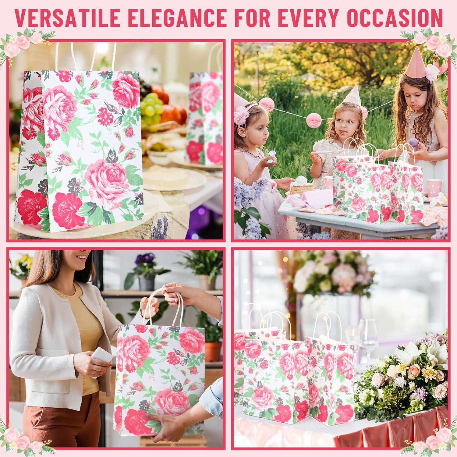 Supervitae 50 Pack Floral Gift Bags with Handles 10 x 8 Inches Mother's Day Gift Bags Colorful Rose Flower Floral Pattern Kraft Paper for Birthday Weddings Baby Shower Themed Party Favors