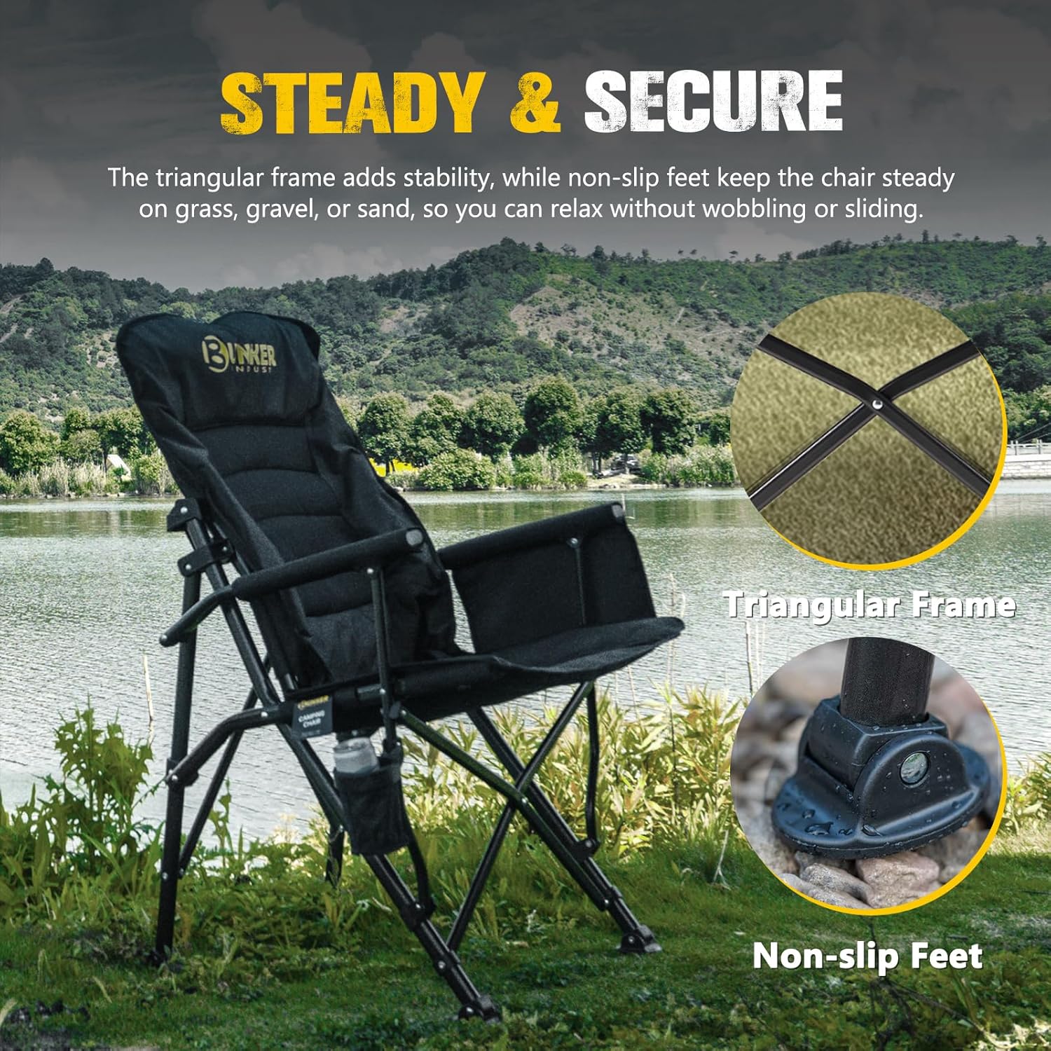 BUNKER INDUST Folding Camping Chair, Oversized with Padded Cushion, Outdoor Chair with Cup Holder Storage Pockets, Adjustable High Backrest Supports 450 LBS for Garden Beach Fishing Lawn - Image 6