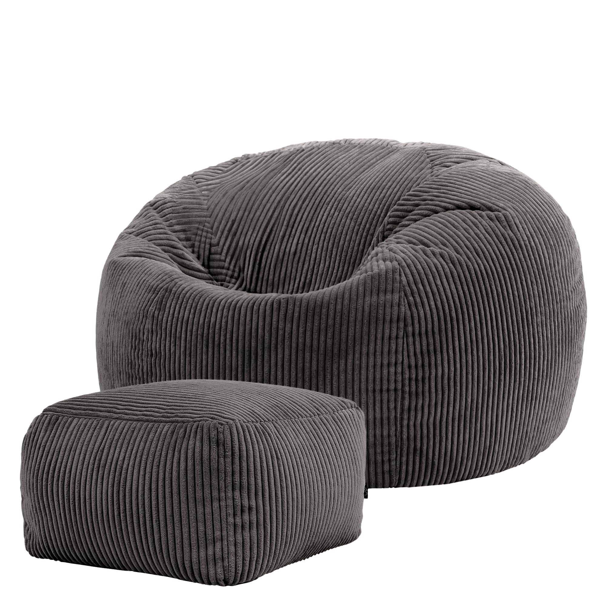 Kingston Cord Bean Bag with Footstool, Charcoal Grey, Large Adult Bean Bag Chair with Filling Included, Comfy Chair, Pouffe Footstool, Living Room Furniture, Bedroom Furniture