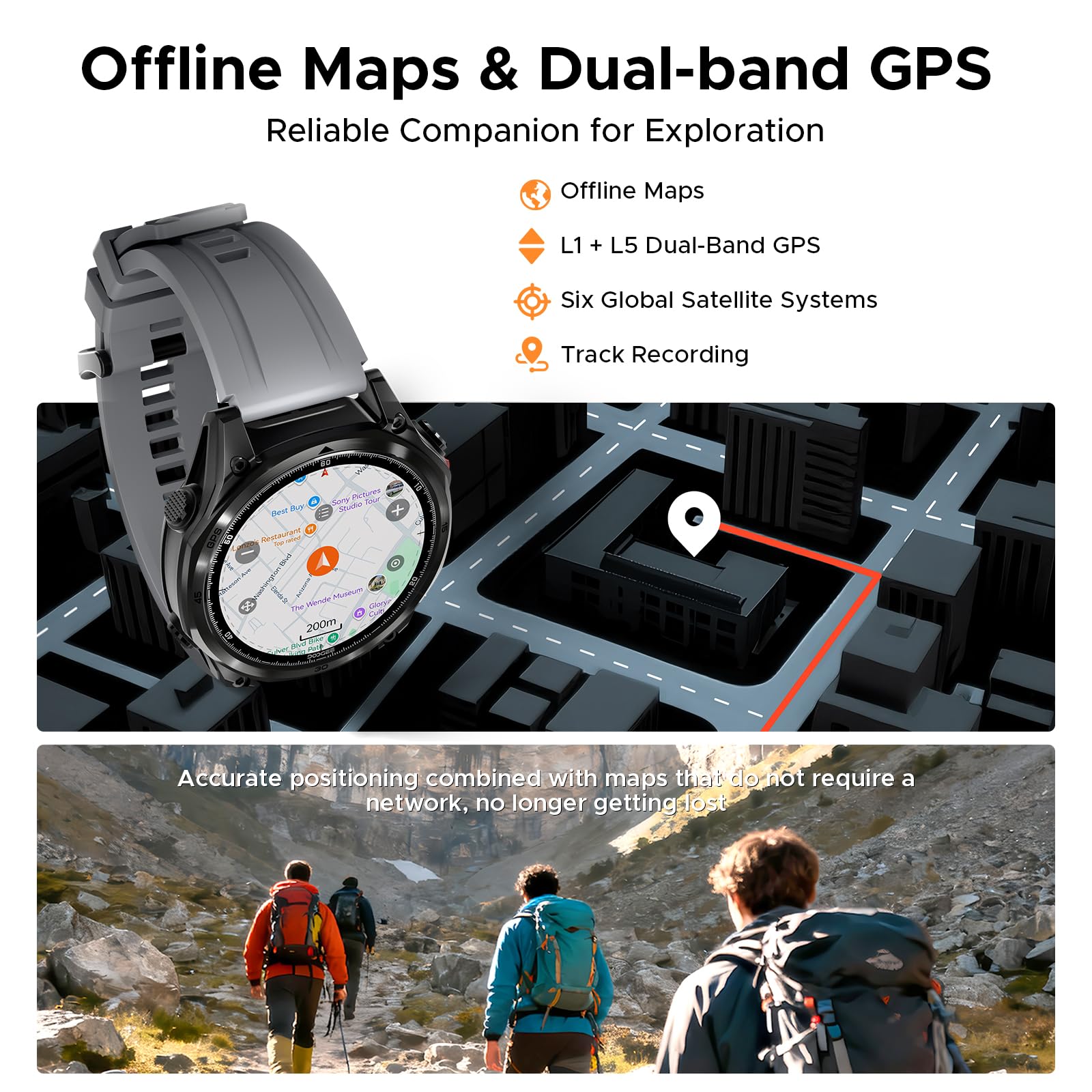 Anywise W1 Pro Orologi Smartwatch uomo,GPS Dual-Band & Mappe Offline, 5 ATM, 18 Giorni Autonomia, Display AMOLED HD 1,43", 170+ Modalità Sport,Chiamate Bluetooth,Compatibile con Android/iOS