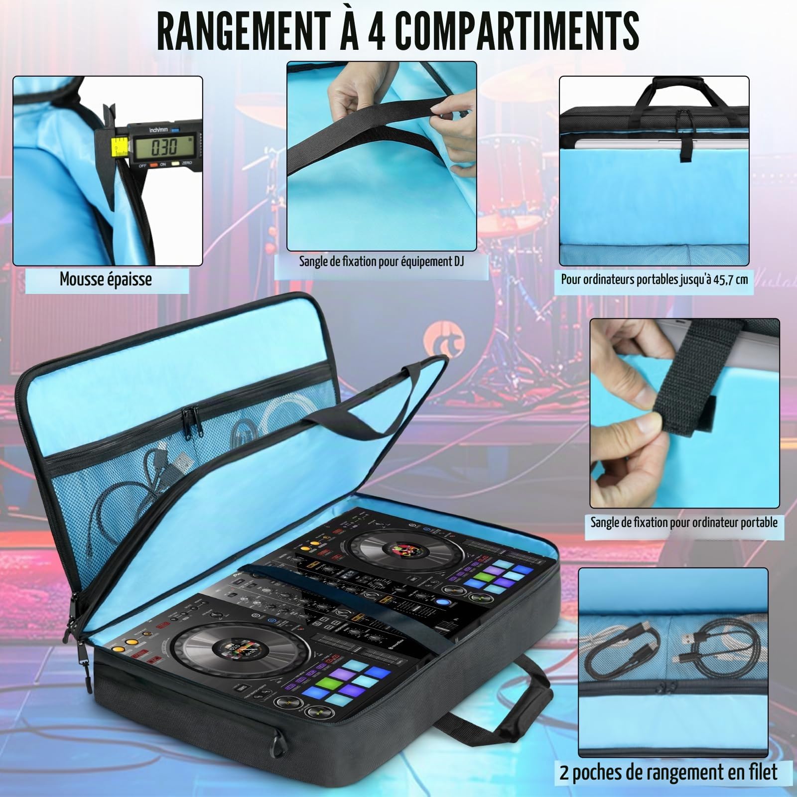 SUNDOY Sac de Transport DJ Compatible avec contrôleur Pioneer - Mallette de Transport résistante aux Chocs avec bandoulière et Compartiments pour Accessoires, Noir, 72x41x15-CM