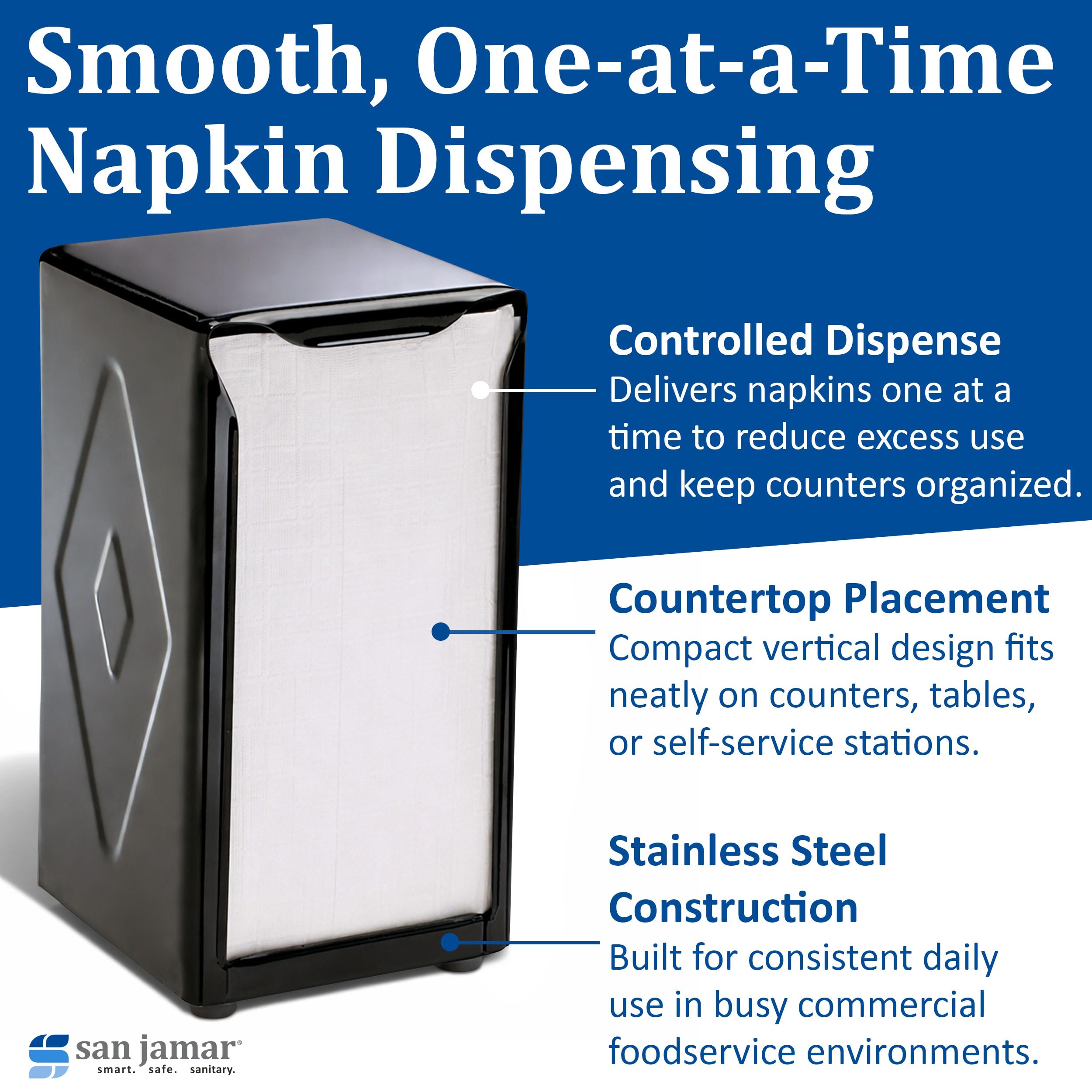 San Jamar Tabletop Napkin Dispenser, Tall Fold, 3-3/4 x 4 x 7-1/2, Capacity: 150, Black by San Jamar