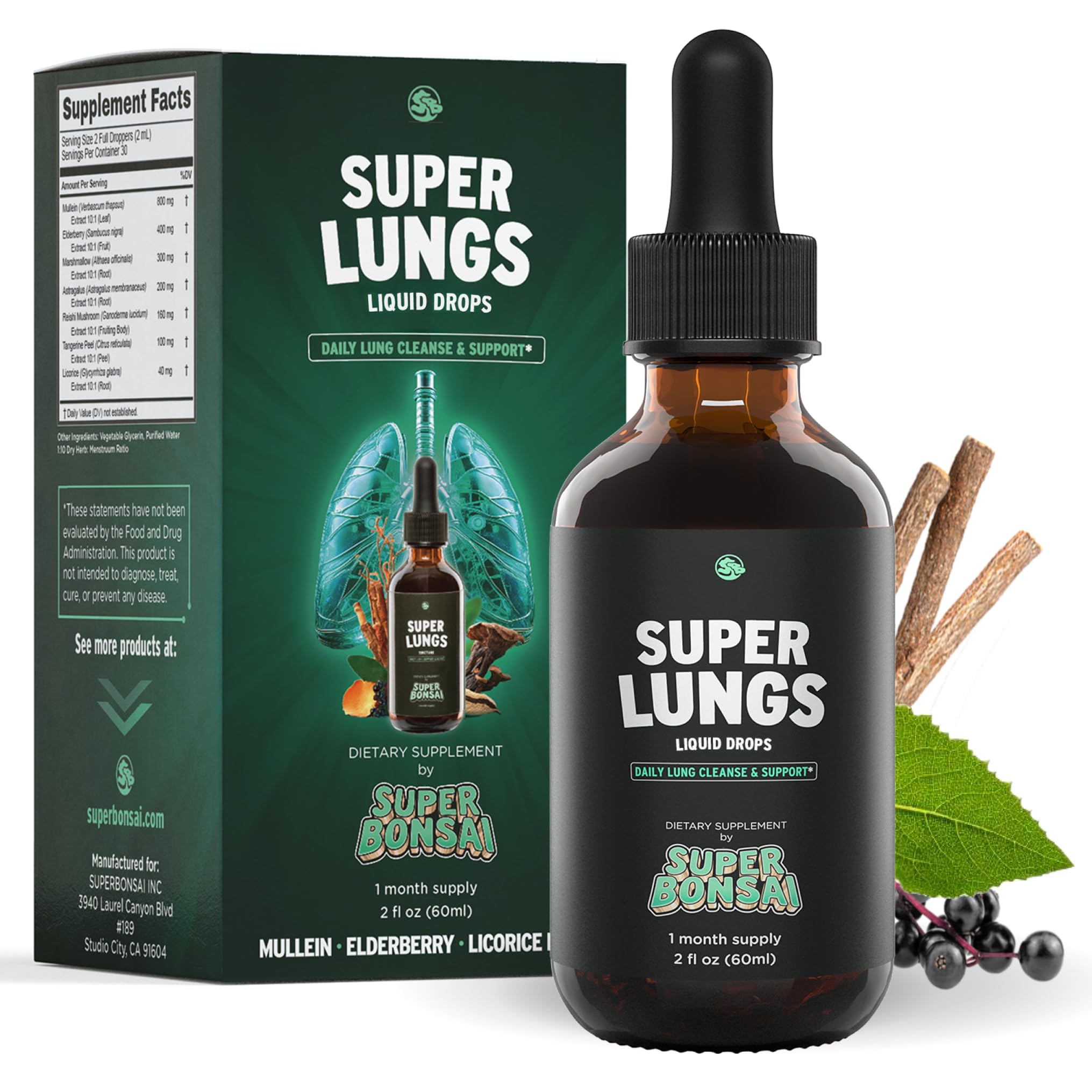 SuperBonsai Super Lungs Mullein Drops – Herbal Lung Support Tincture with Mullein Leaf Extract Elderberry Reishi Marshmallow Root – Supports Clear Breathing & Wellness – 2 oz