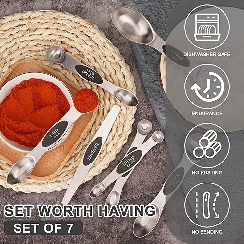 Miniatura 10 de Juego de 9 cucharas medidoras magnéticas, de doble cara, cucharadas pequeñas de acero inoxidable, cucharaditas, cabe en frascos de especias, para