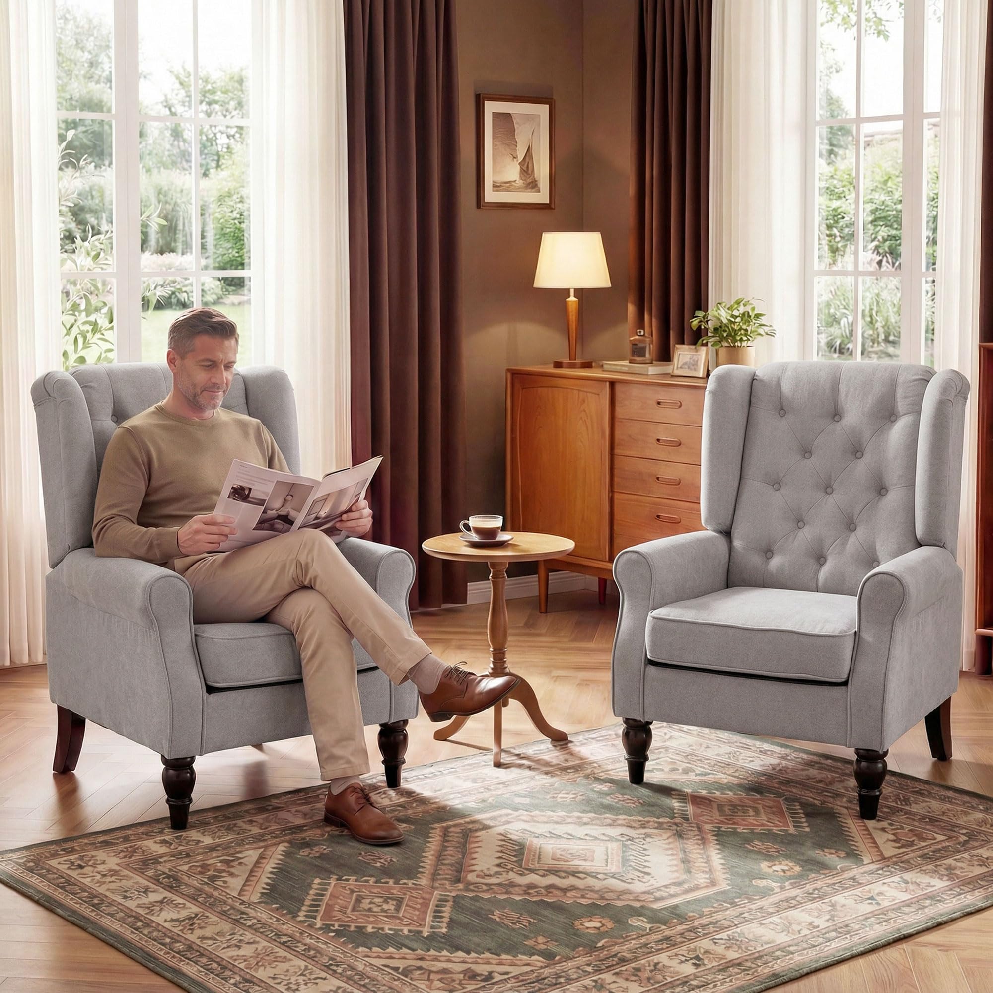 HOMCOM Sessel Ohrensessel mit Armlehnen, Loungesessel mit Kissen, Tufting, hoher Rückenlehne Armlehnensessel mit Holzbeine, Relaxsessel für Wohnzimmer, Schlafzimmer, Braun