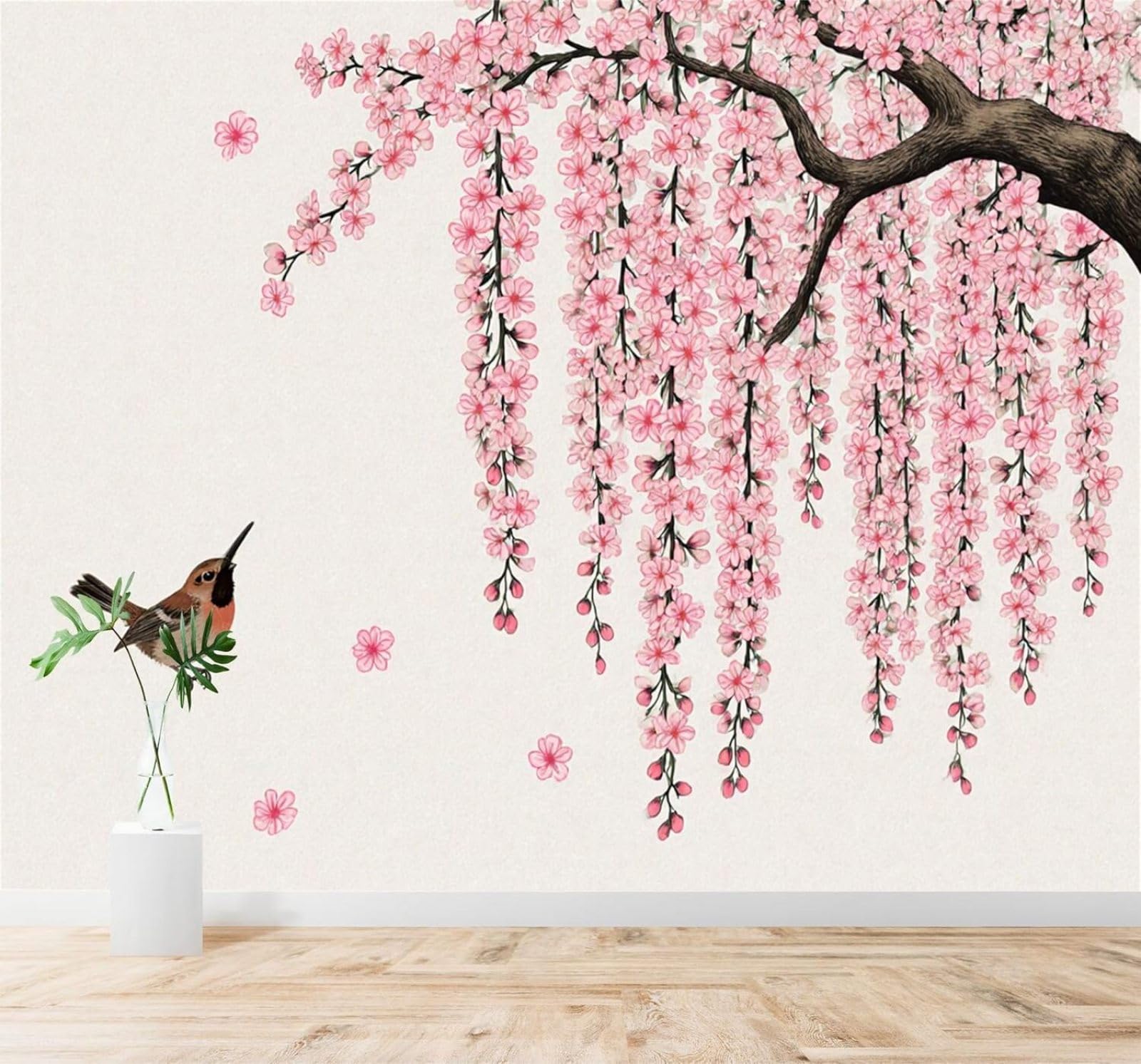XLMING Pink Cherry Blossoms Branches Birds in Flight Falling Petals 3D Wallpaper Silky Texture Home Study Office Grey Dining Room Sofa Bedroom Living Room TV Backdrop-430cm×300cm