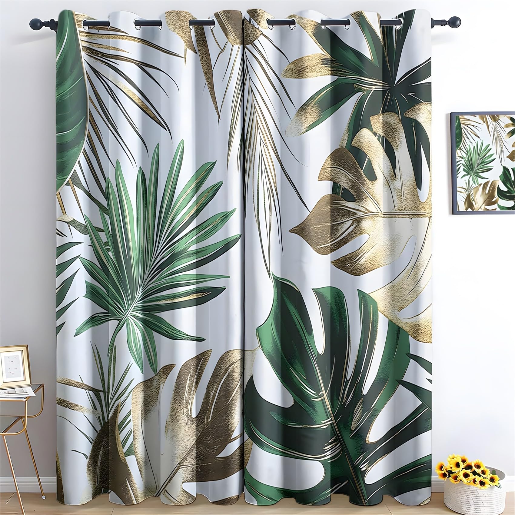 KaiHeBeding Tropical Plants Blackout Curtains for Bedroom - Monstera Leaves Living Room Curtains 90x108 Eyelet - Soft Thermal Insulated Patterned Drapes for Windows - 2 Panels