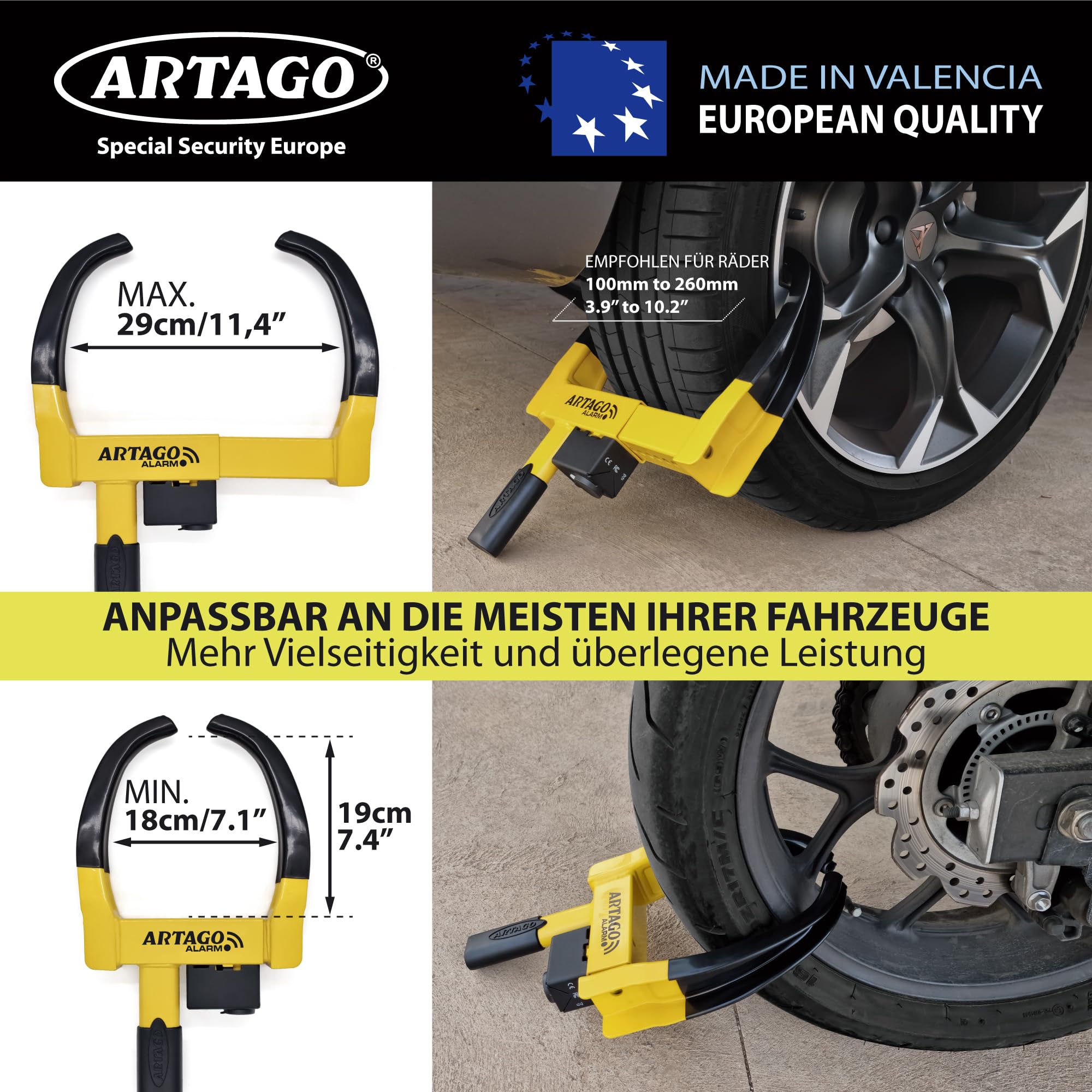 ARTAGO ART872 Hochwertige Radkralle 2in1 Ohne/Mit Alarm 120dB+LED, Die Sicherste Parkkralle, Patentiert, Rostgeschützt, Wegfahrsperre Reifenkralle für Auto Wohnmobil Wohnwagen Anhänger