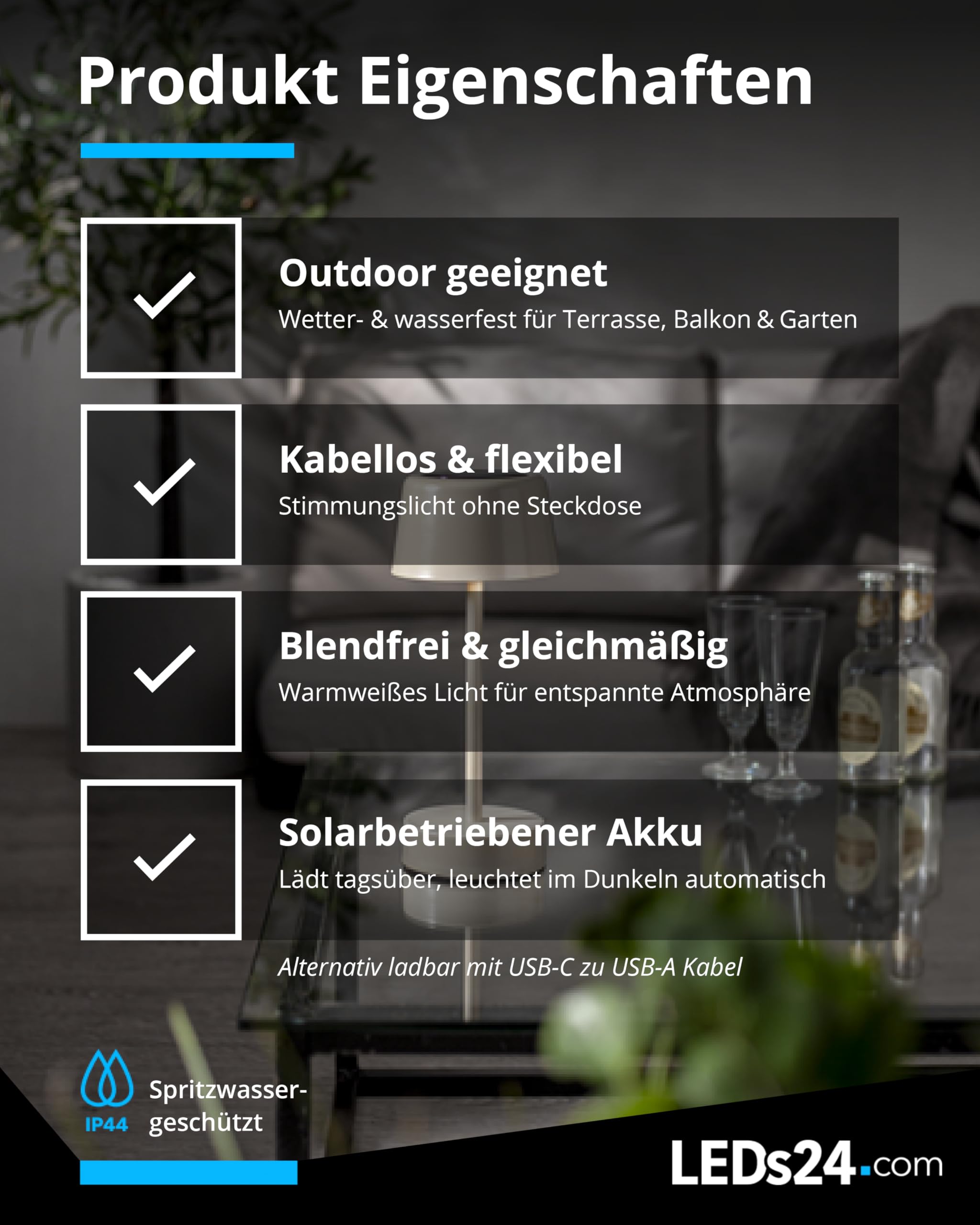 LED Solar Tischlampe Kabellos Outdoor - IP44 Solarleuchte Tisch Kabellos inkl. USB-C-Kabel [Warmweiß 3000K] - für Garten, Balkon, Terrasse, helle Innenräume (beige)