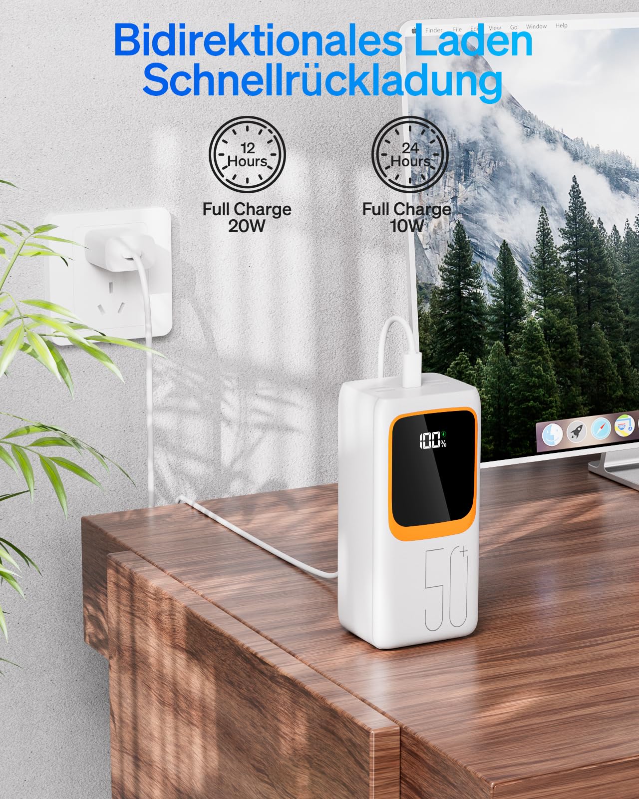 Batería externa de 50000 mAh con cable integrado: batería externa de carga rápida de 22,5 W con gran capacidad, cargador portátil con linterna LED y 7 salidas y 3 entradas. RoidaRadio con
