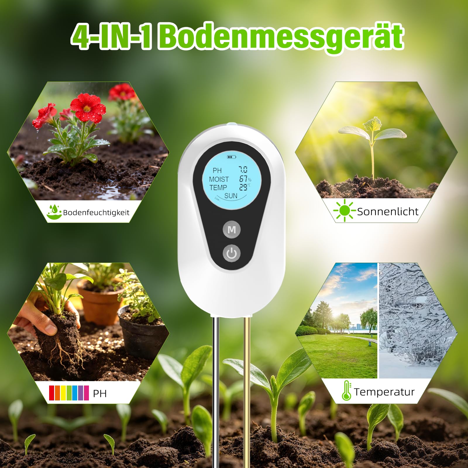 BURMONG Tester wilgotności roślin, 4 w 1, wilgotność roślin z wilgotnością/pH/temperaturą/światłem słonecznym, tester pH gleby do ogrodnictwa, rolnictwa i roślin ogrodowych