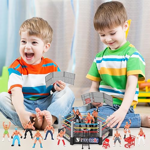 Vista 6 de 34 piezas de juguetes de lucha libre para niños, figuras de acción para niños de 3 a 12 años, figuras de acción de lucha libre, 2 anillos de lucha