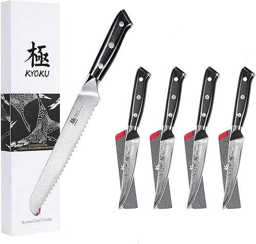 KYOKU Cuchillo de pan dentado de 8 pulgadas + juego de cuchillos de carne no dentados de 5 pulgadas - Serie Shogun - Hoja de Damasco forjada con
