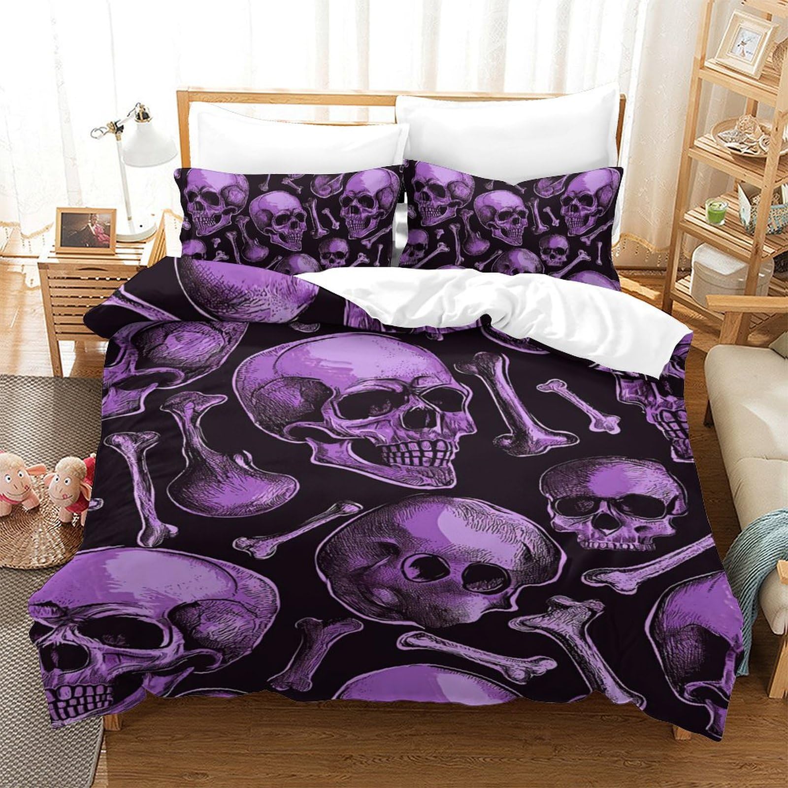 Housse de couette crâne 140x200 avec zip pratique pour éviter que la couette ne glisse