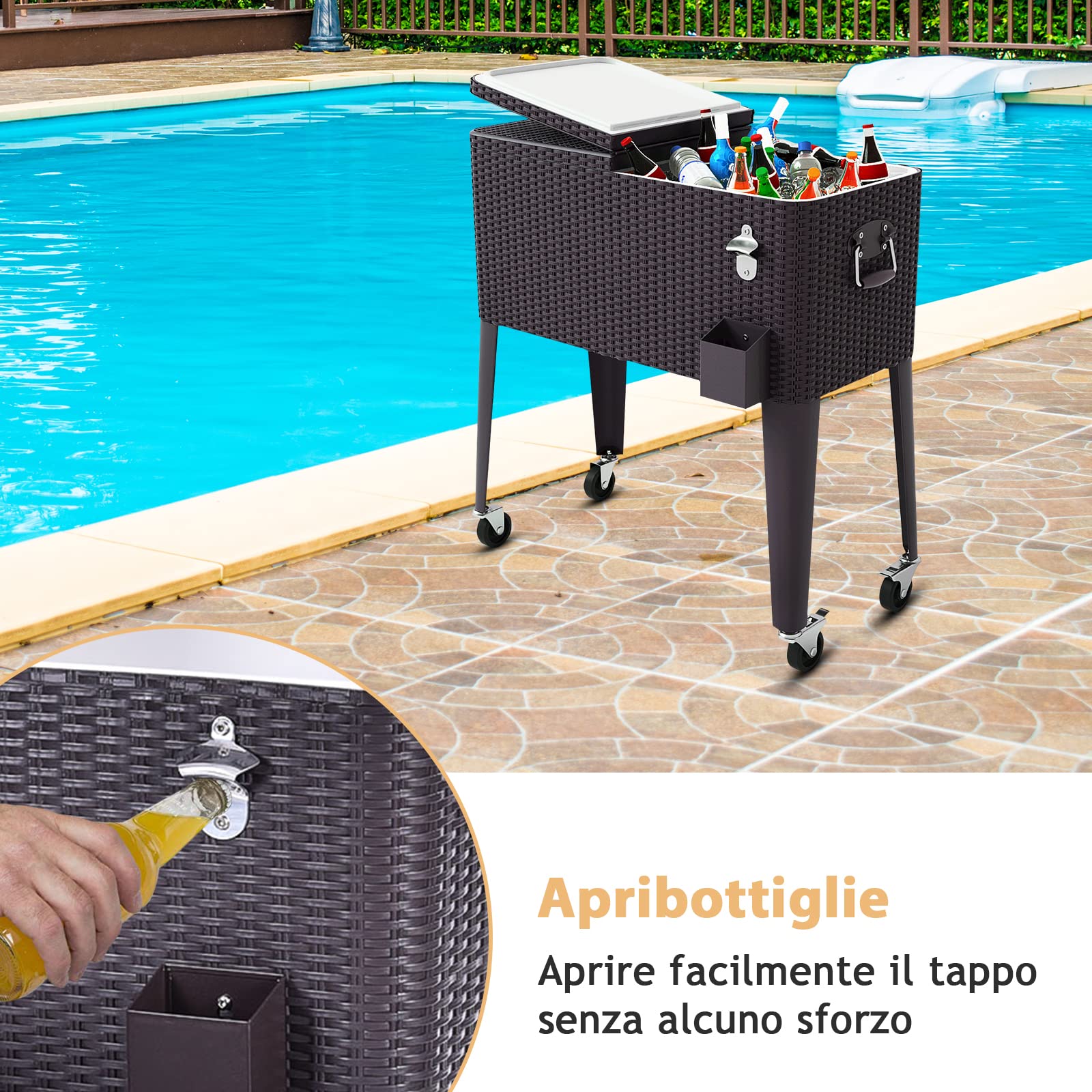 COSTWAY Carrello Portavivande Refrigerante Rattan 76L, Carrello Portaghiaccio con Ruote Bloccabili, Apribottiglie, 83x48x87 cm