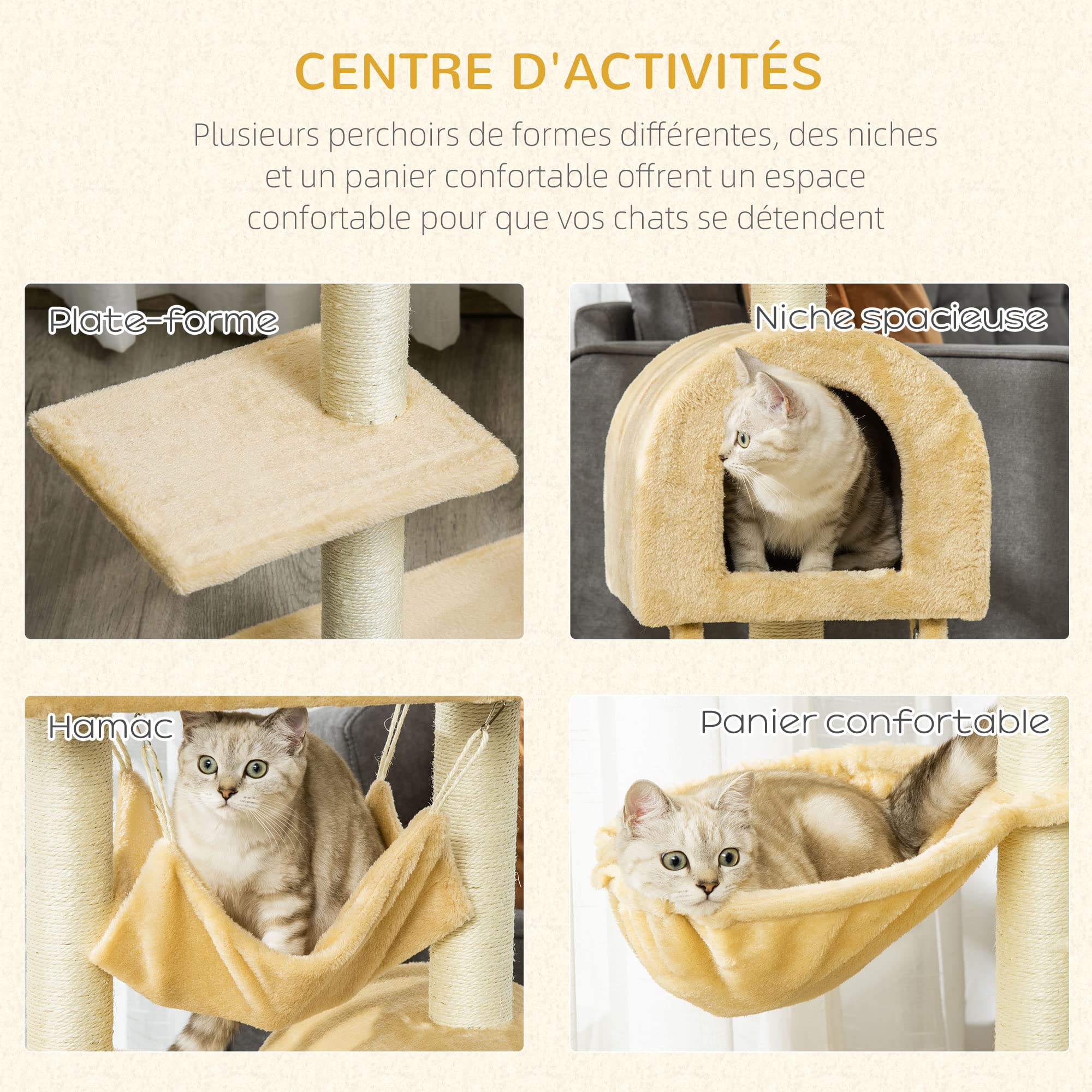 PawHut Katzenbaum, 142 Cm Hoch, Mit Kratzstämmen, Haus & Spielzeug – Für Katzen Bis 4,5 Kg